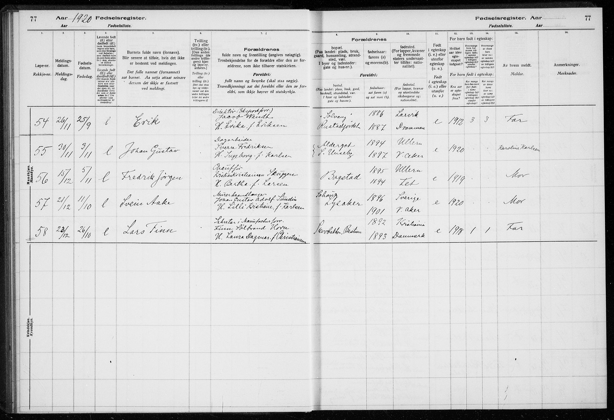 Ullern prestekontor Kirkebøker, AV/SAO-A-10740/J/L0001: Fødselsregister nr. 1, 1916-1928, s. 77