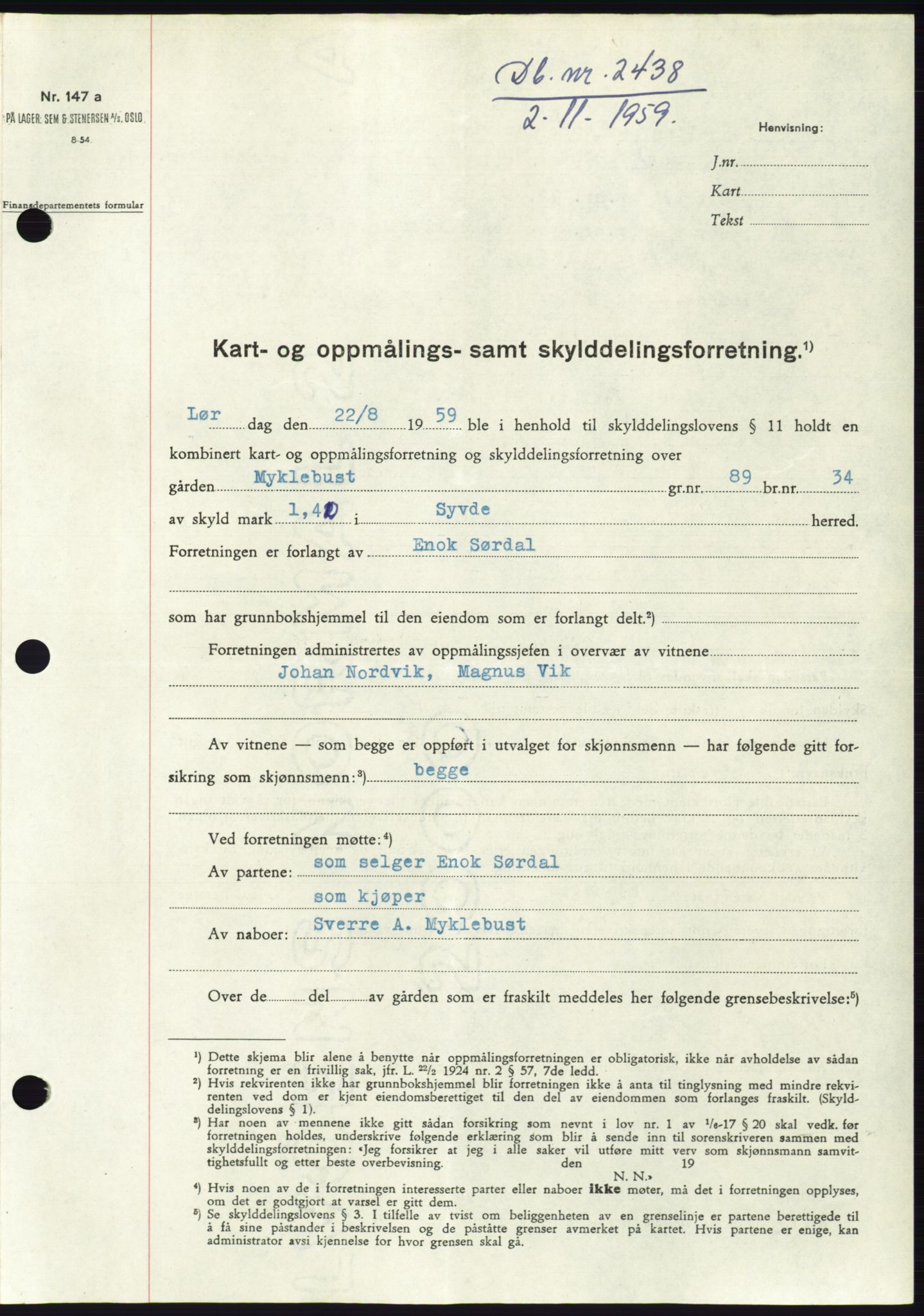 Søre Sunnmøre sorenskriveri, SAT/A-4122/1/2/2C/L0113: Pantebok nr. 39A, 1959-1959, Dagboknr: 2438/1959