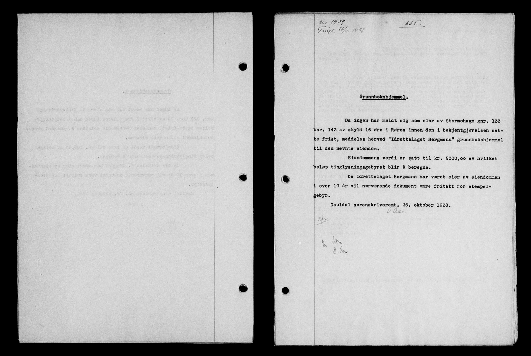 Gauldal sorenskriveri, SAT/A-0014/1/2/2C/L0049: Pantebok nr. 53, 1938-1938, Dagboknr: 1439/1938