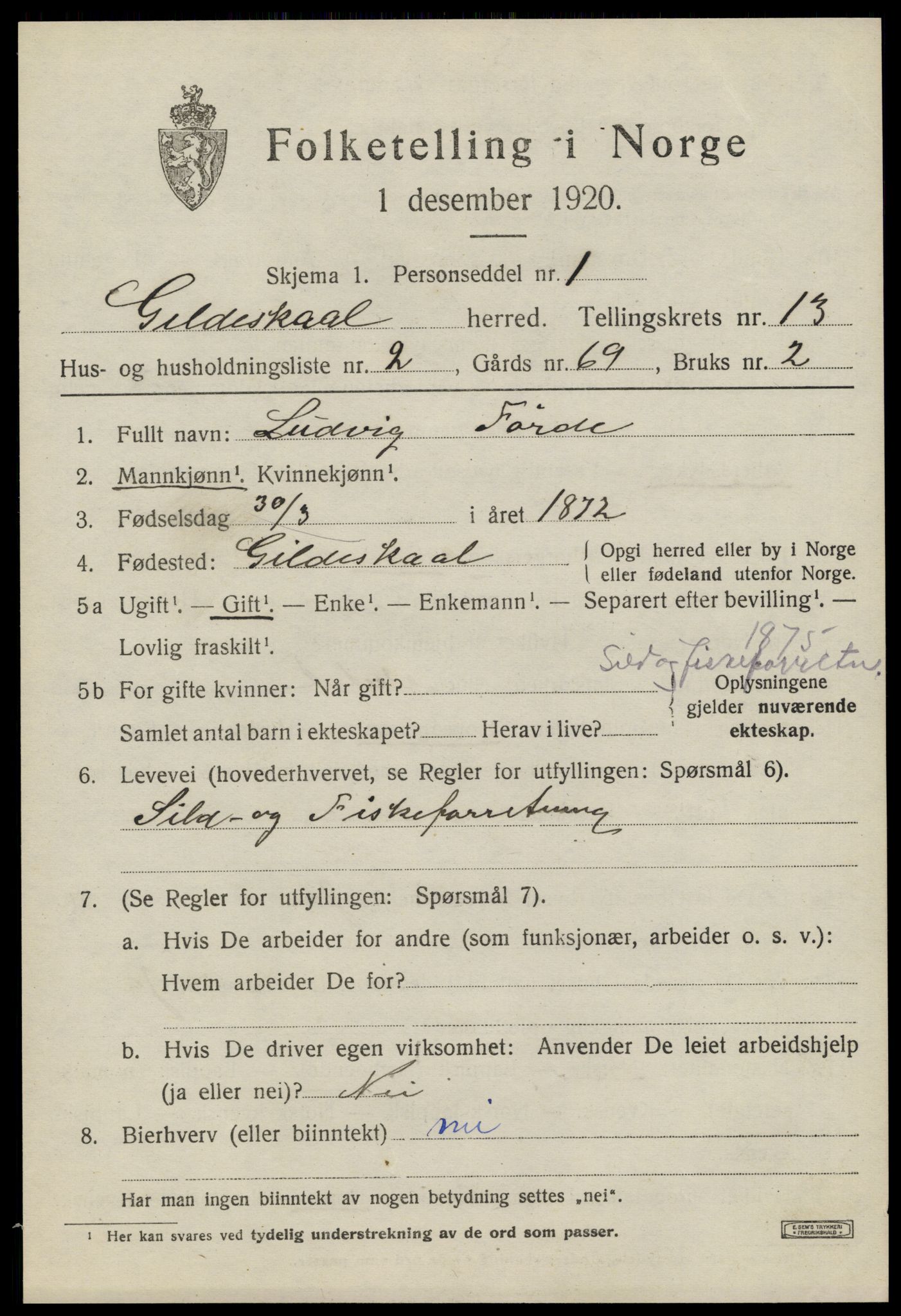 SAT, Folketelling 1920 for 1838 Gildeskål herred, 1920, s. 7668