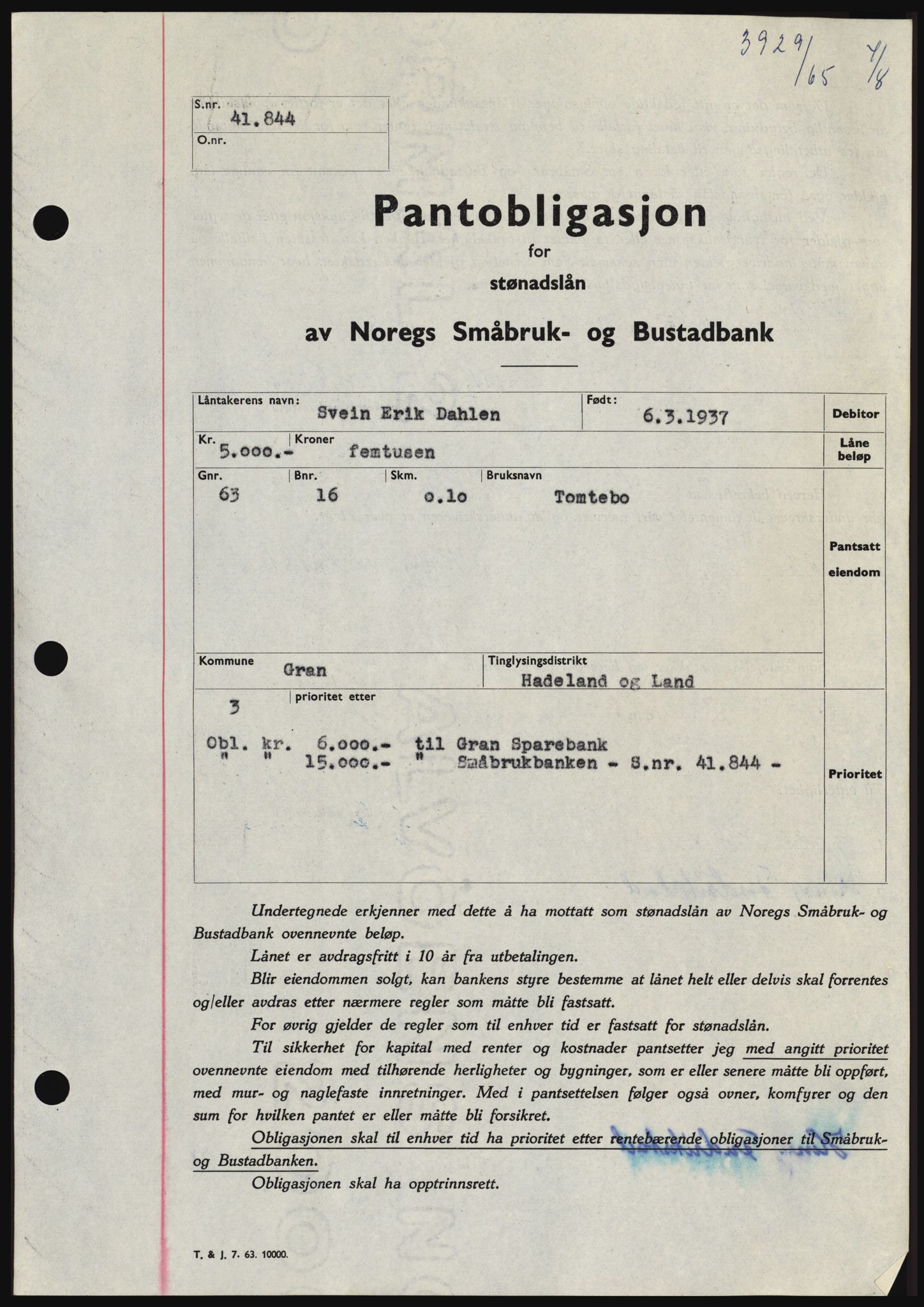 Hadeland og Land tingrett, SAH/TING-010/H/Hb/Hbc/L0059: Pantebok nr. B59, 1965-1965, Dagboknr: 3929/1965