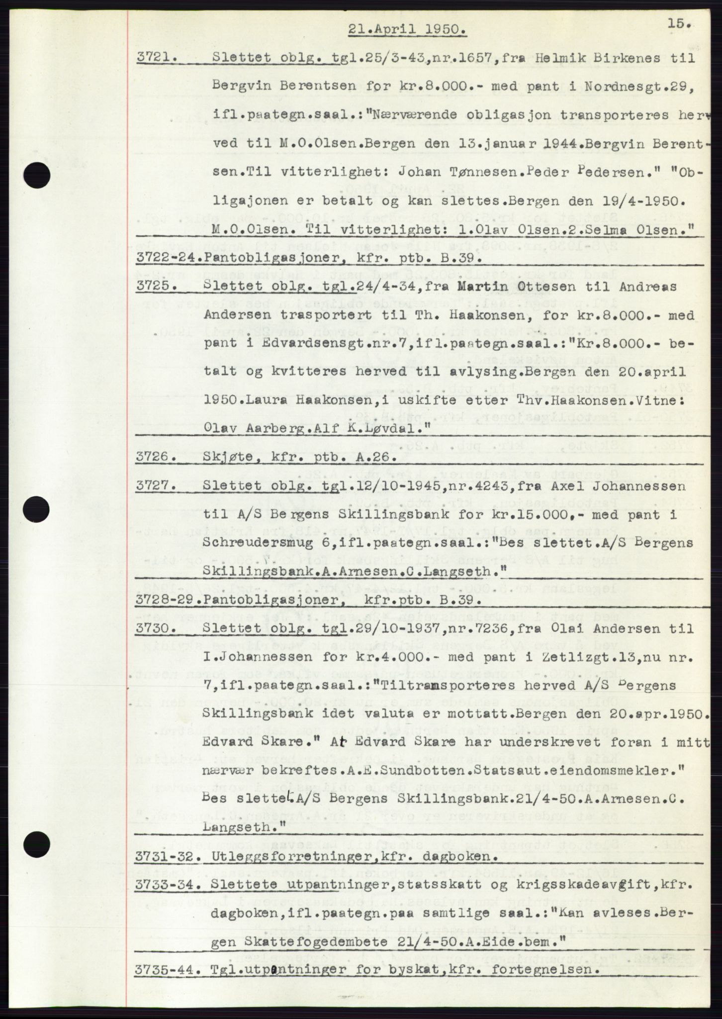 Byfogd og Byskriver i Bergen, SAB/A-3401/03: Pantebok nr. C 39, 1950-1950, Dagboknr: 3721/1950