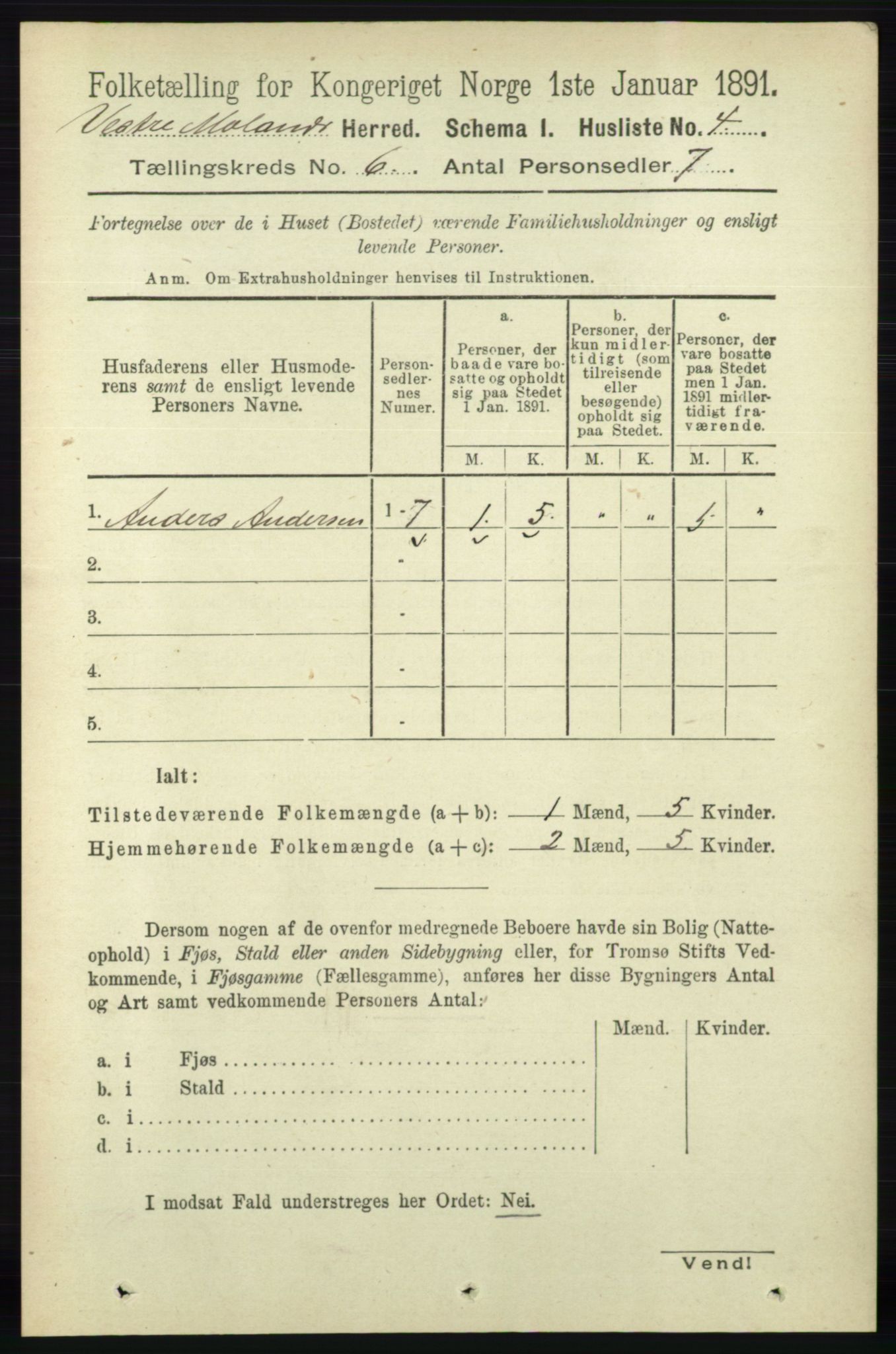 RA, Folketelling 1891 for 0926 Vestre Moland herred, 1891, s. 2273