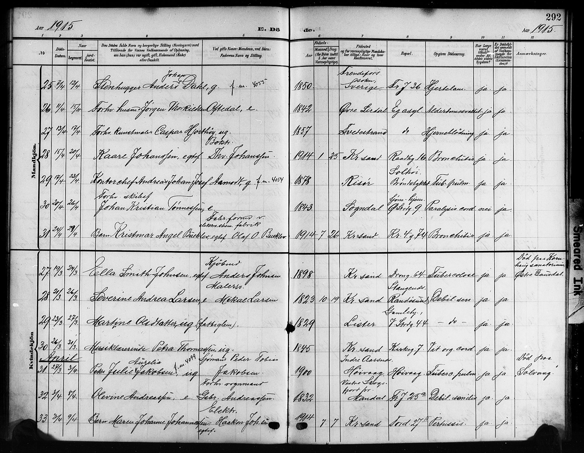 Kristiansand domprosti, AV/SAK-1112-0006/F/Fb/L0020: Klokkerbok nr. B 20, 1906-1915, s. 292