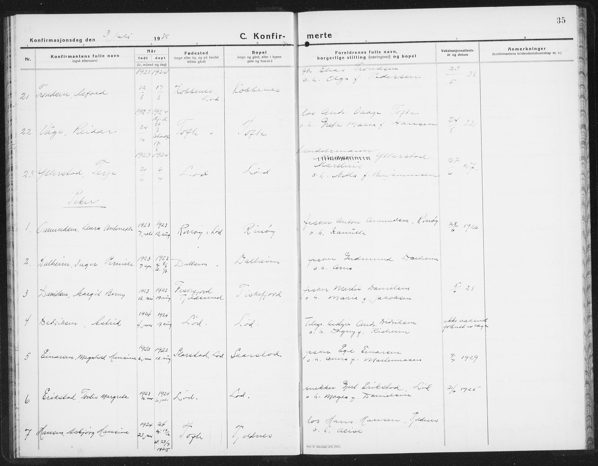 Ministerialprotokoller, klokkerbøker og fødselsregistre - Nordland, AV/SAT-A-1459/872/L1050: Klokkerbok nr. 872C06, 1932-1942, s. 35
