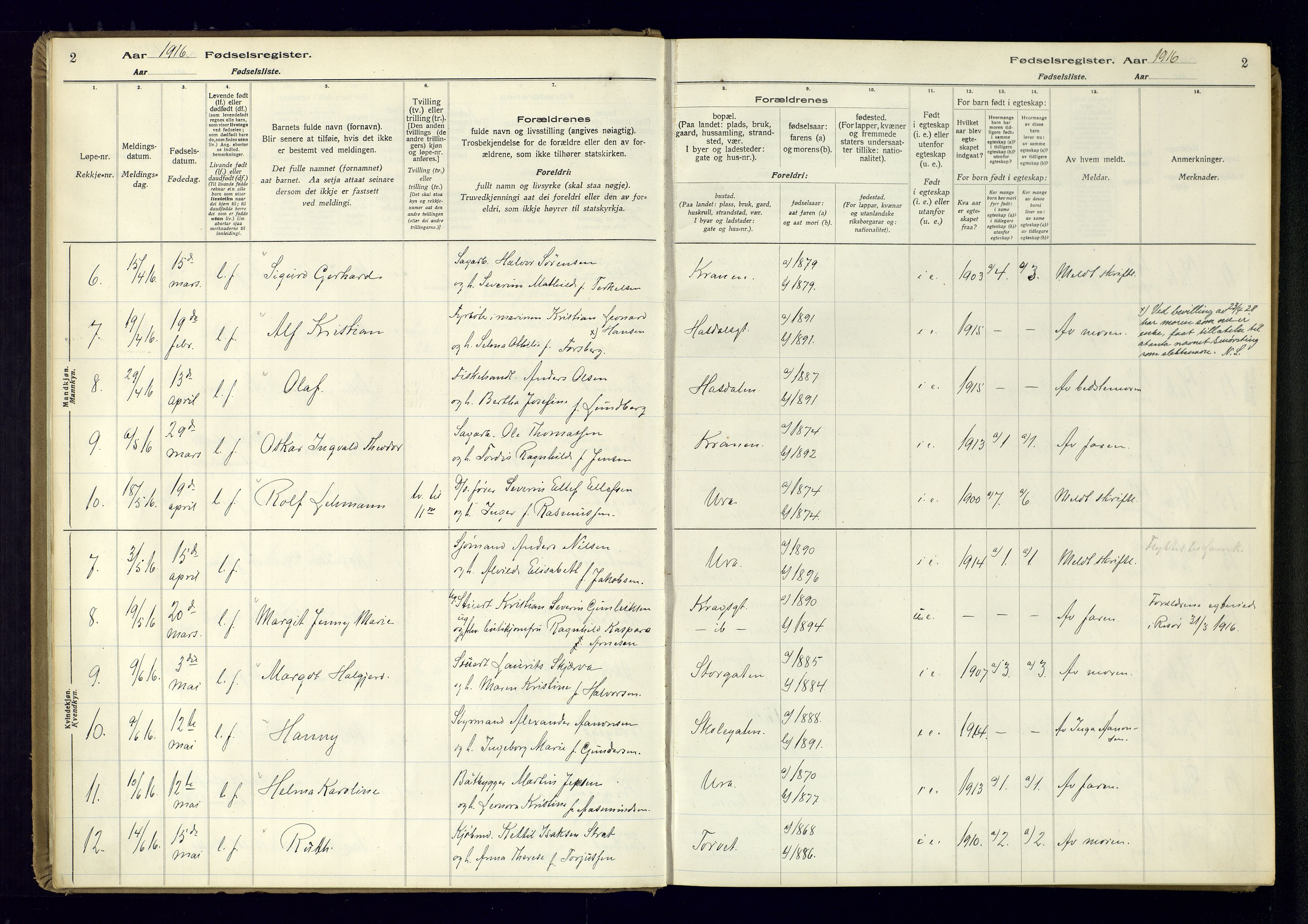 Risør sokneprestkontor, SAK/1111-0035/J/Ja/L0001: Fødselsregister nr. A-VI-13, 1916-1947, s. 2