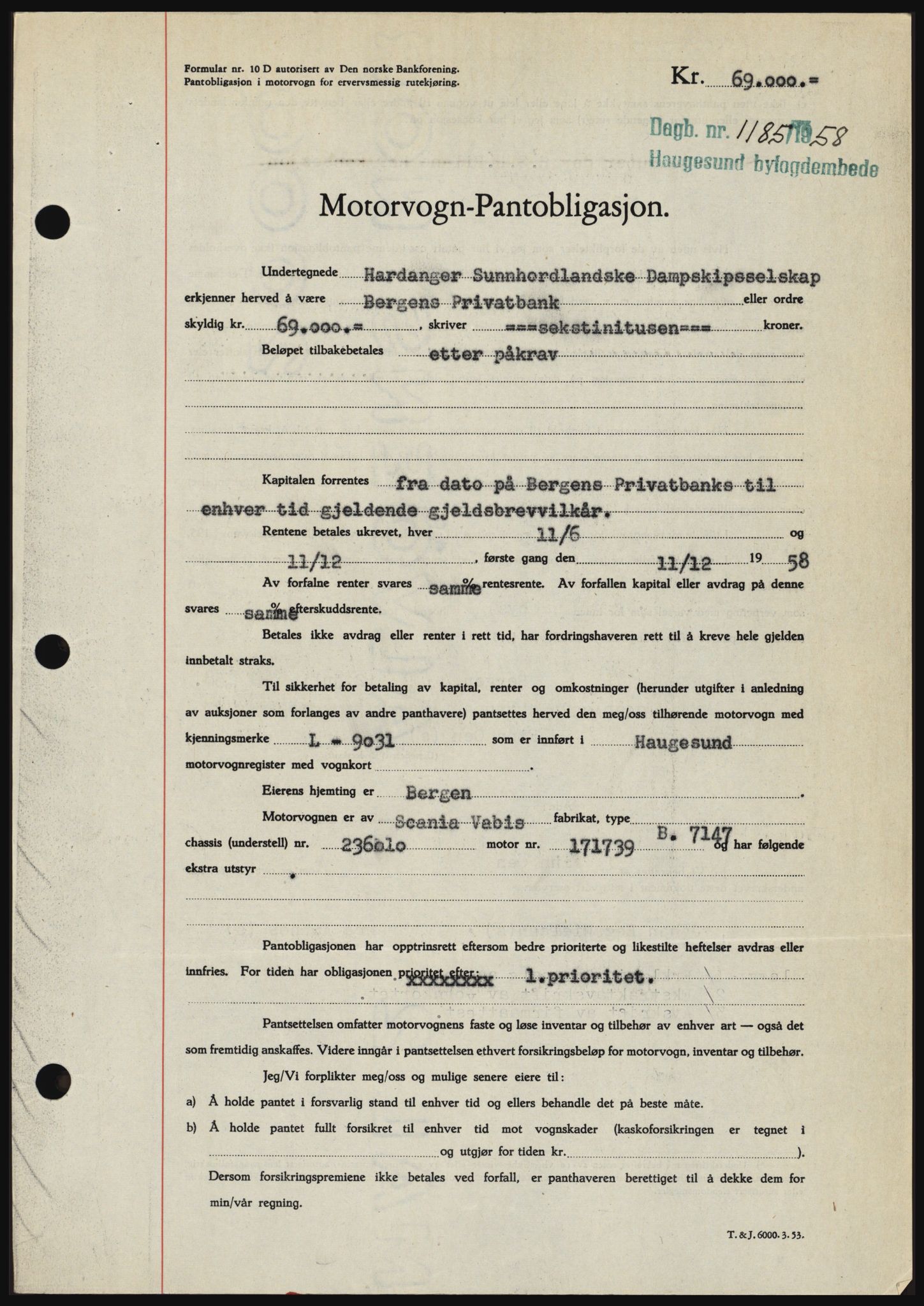 Haugesund tingrett, SAST/A-101415/01/II/IIC/L0044: Pantebok nr. B 44, 1958-1959, Dagboknr: 1185/1958