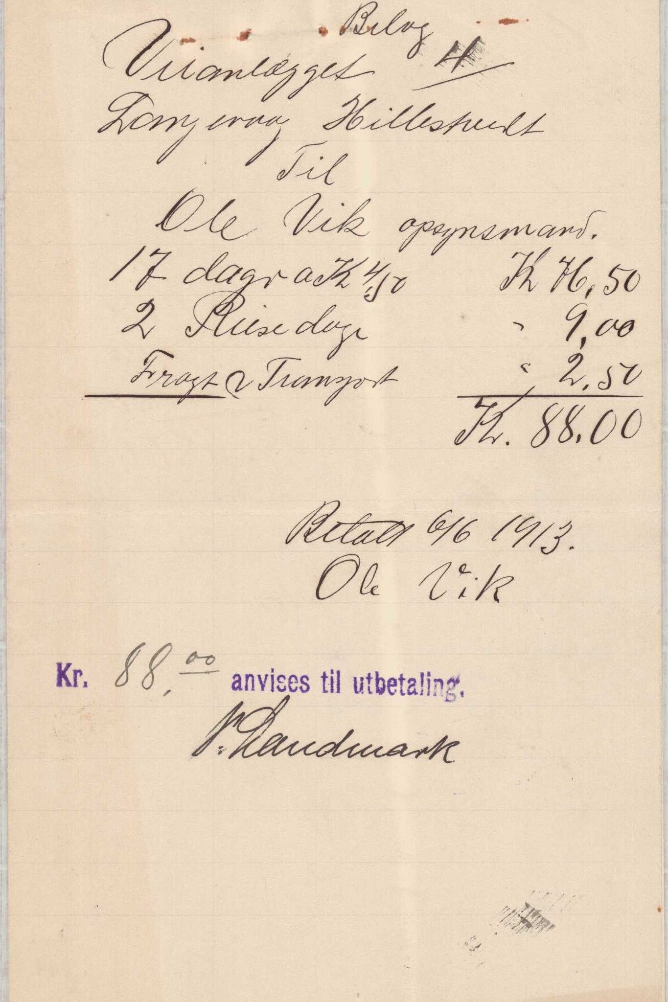 Finnaas kommune. Formannskapet, IKAH/1218a-021/E/Ea/L0001/0002: Rekneskap for veganlegg / Rekneskap for veganlegget Langevåg - Hillestvedt, 1913, s. 6
