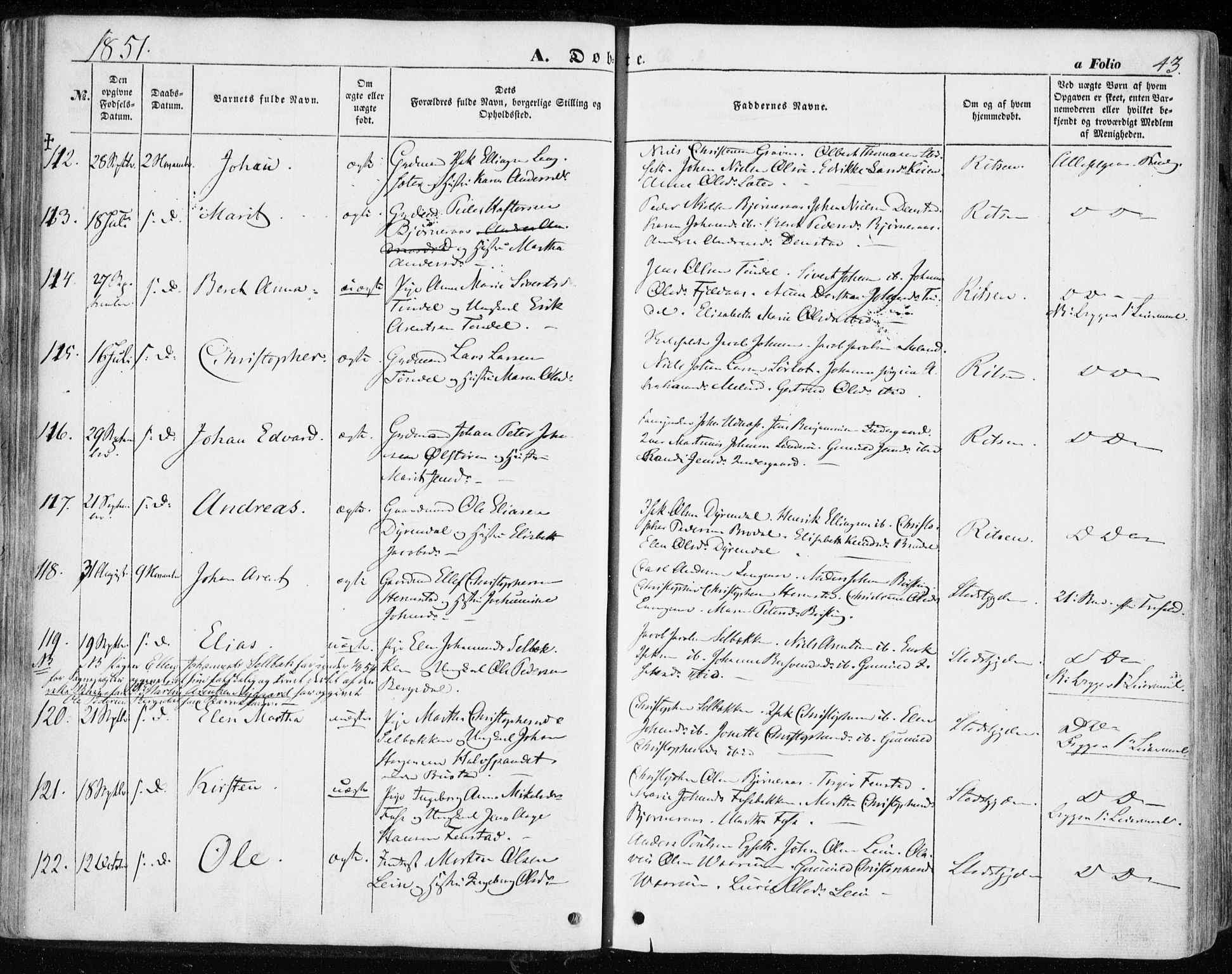 Ministerialprotokoller, klokkerbøker og fødselsregistre - Sør-Trøndelag, SAT/A-1456/646/L0611: Ministerialbok nr. 646A09, 1848-1857, s. 43