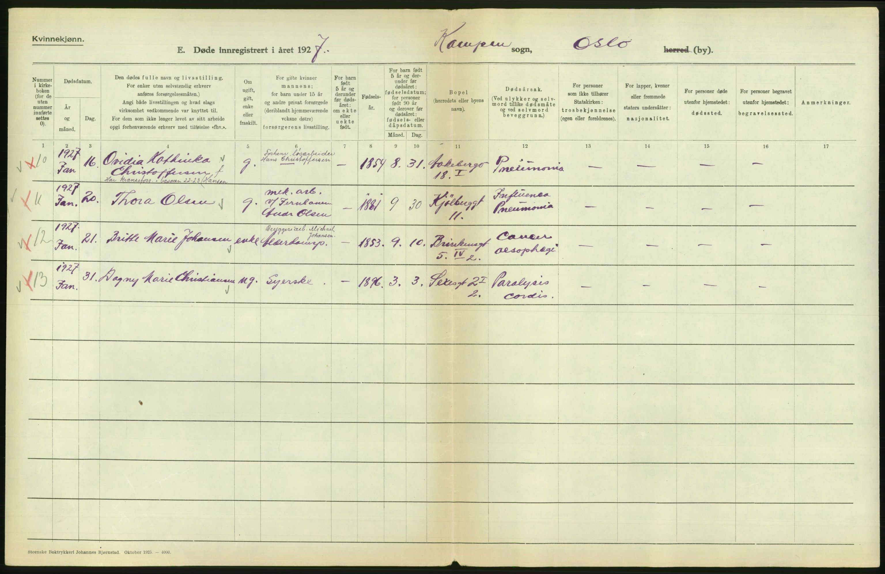 Statistisk sentralbyrå, Sosiodemografiske emner, Befolkning, AV/RA-S-2228/D/Df/Dfc/Dfcg/L0010: Oslo: Døde kvinner, dødfødte, 1927, s. 536