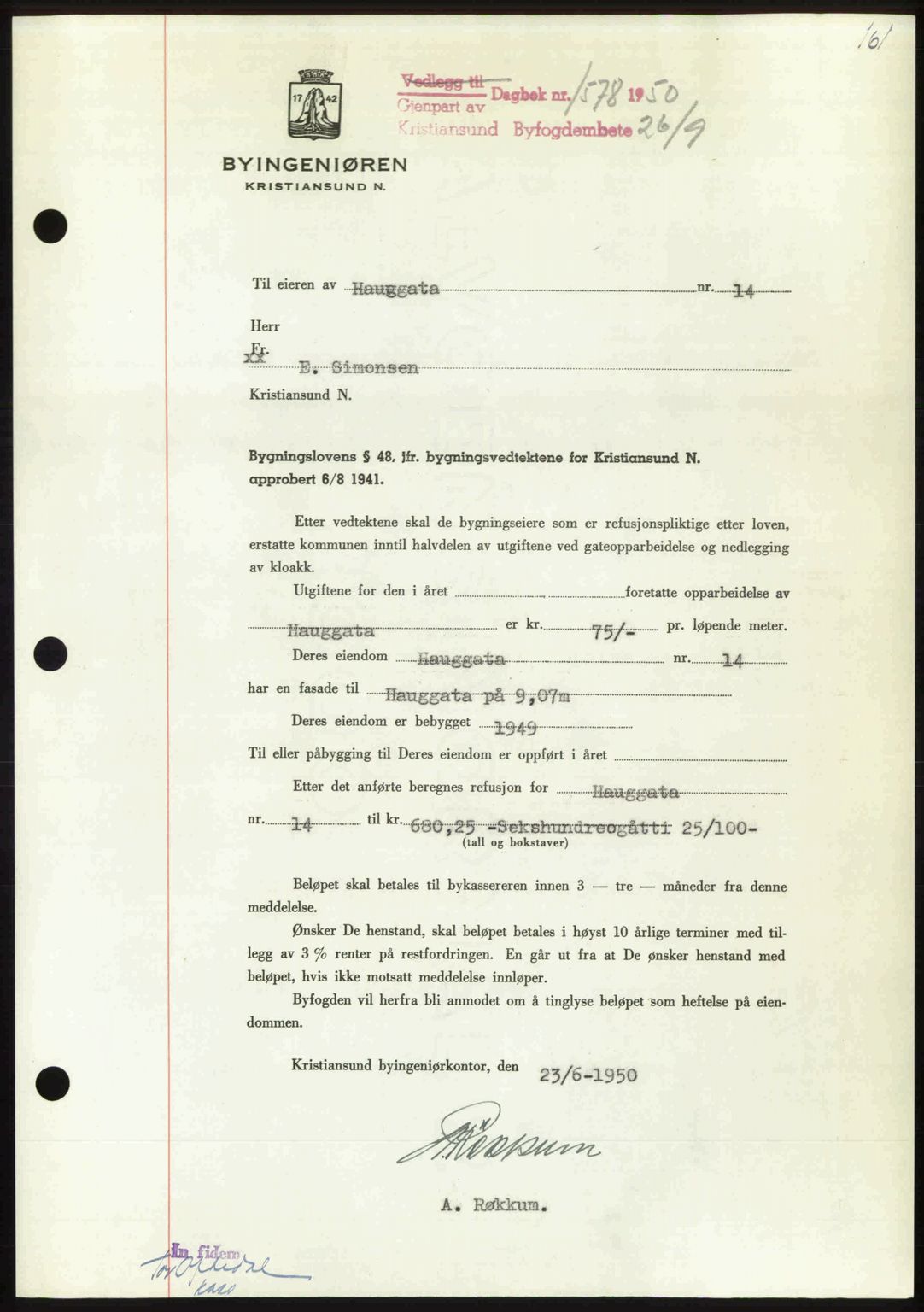 Kristiansund byfogd, AV/SAT-A-4587/A/27: Pantebok nr. 50, 1950-1950, Dagboknr: 1578/1950