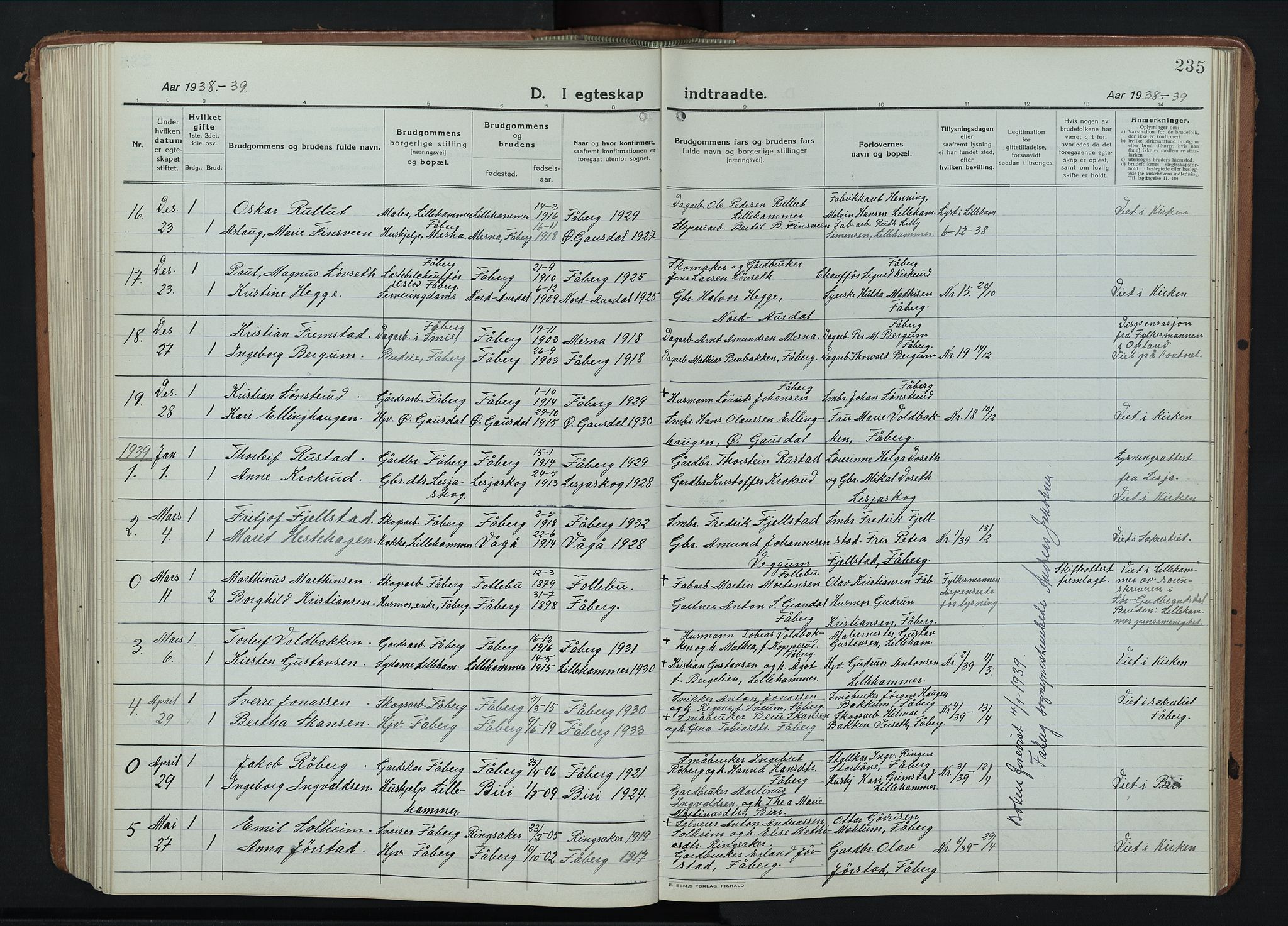 Fåberg prestekontor, SAH/PREST-086/H/Ha/Hab/L0014: Klokkerbok nr. 14, 1922-1946, s. 235