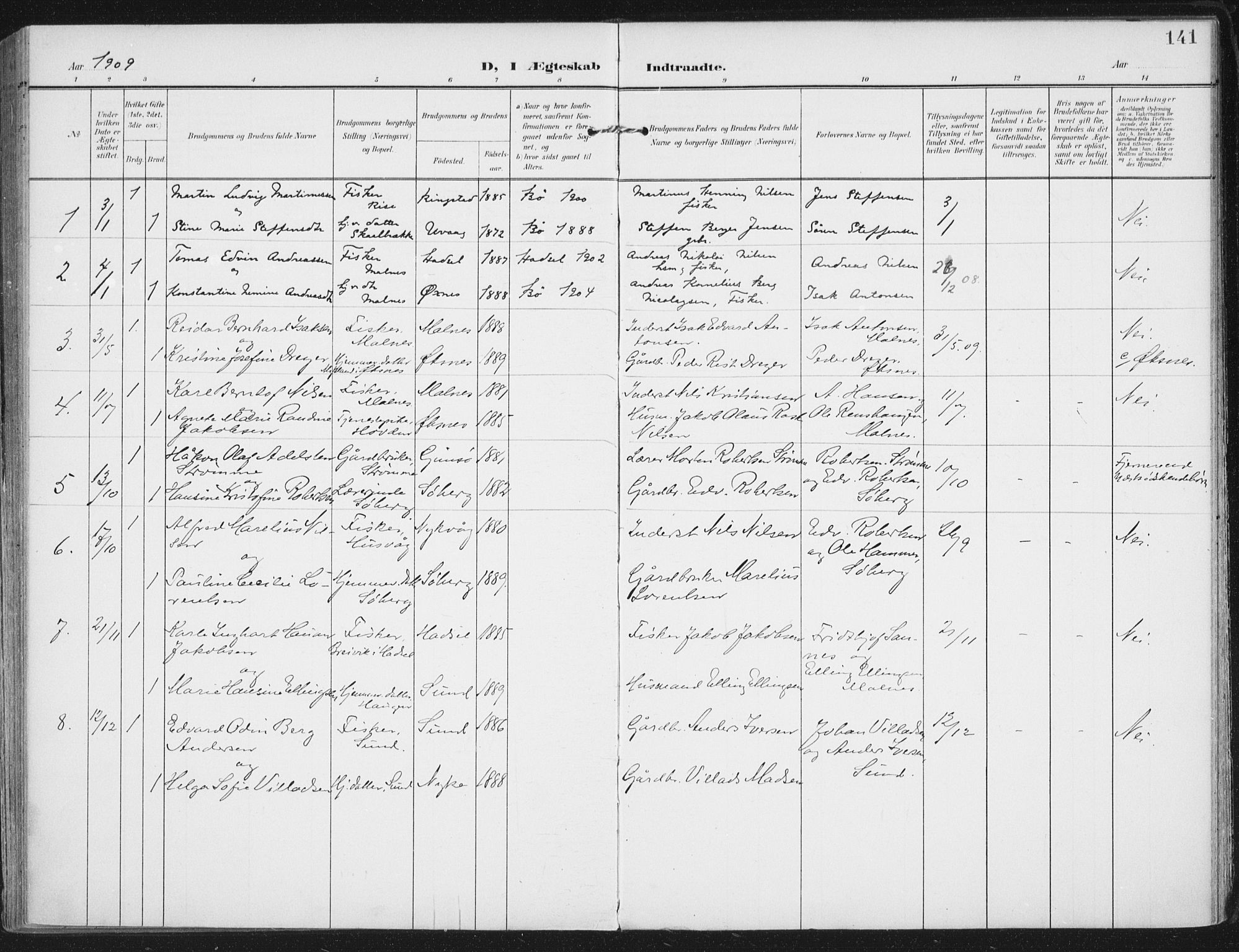 Ministerialprotokoller, klokkerbøker og fødselsregistre - Nordland, AV/SAT-A-1459/892/L1321: Ministerialbok nr. 892A02, 1902-1918, s. 141