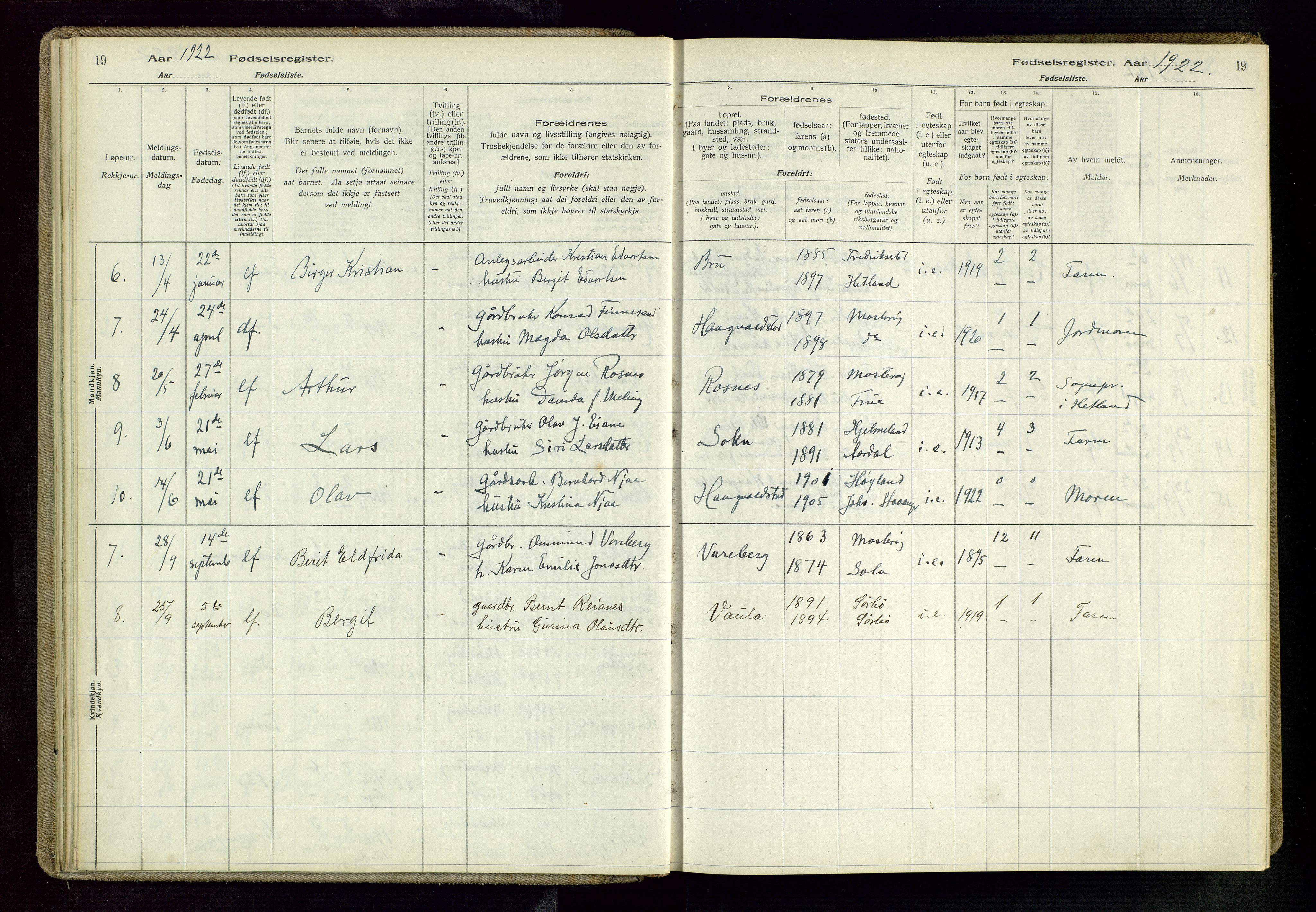 Rennesøy sokneprestkontor, AV/SAST-A -101827/I/Id/L0002: Fødselsregister nr. 2, 1916-1982, s. 19