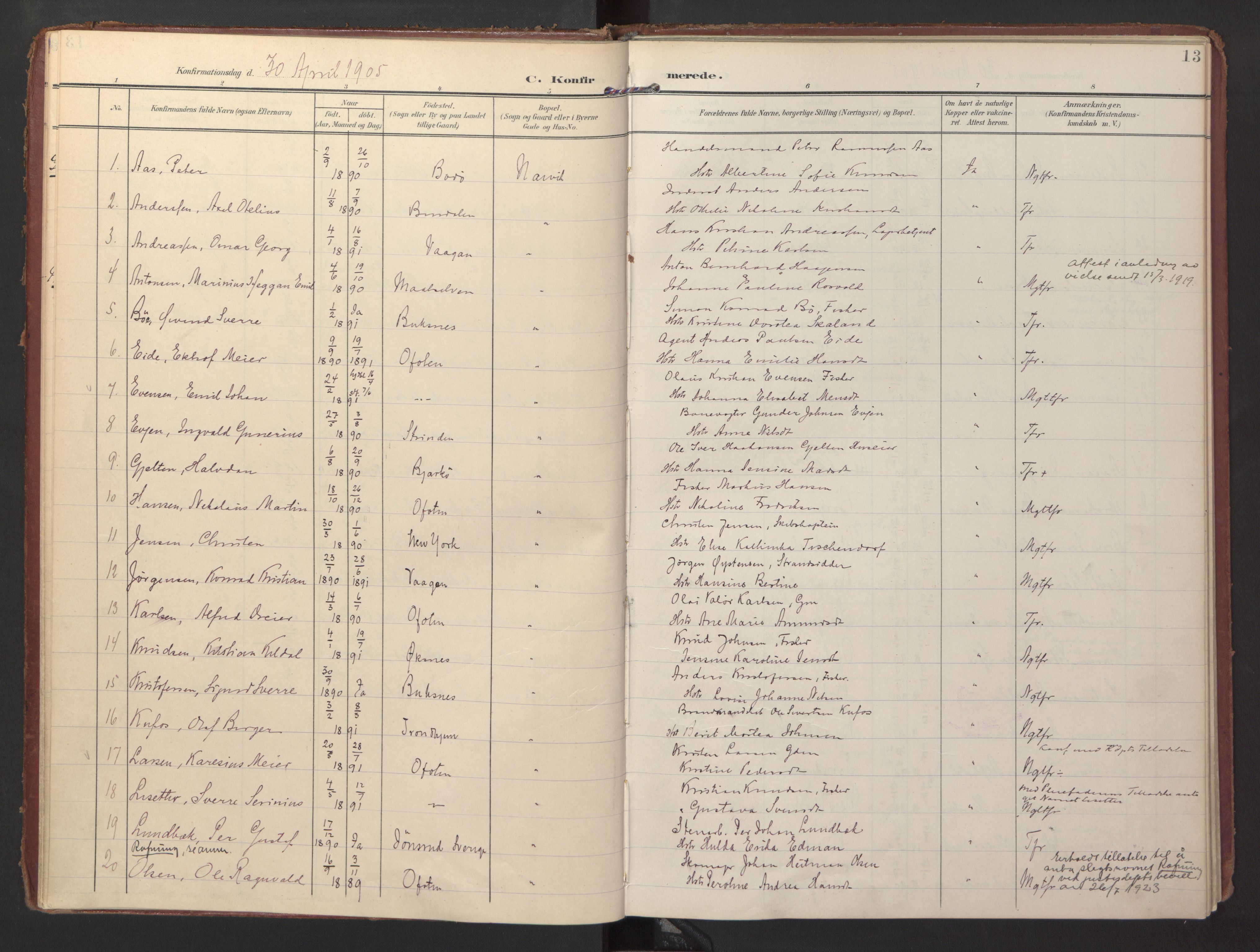 Ministerialprotokoller, klokkerbøker og fødselsregistre - Nordland, AV/SAT-A-1459/871/L0998: Ministerialbok nr. 871A14, 1902-1921, s. 13