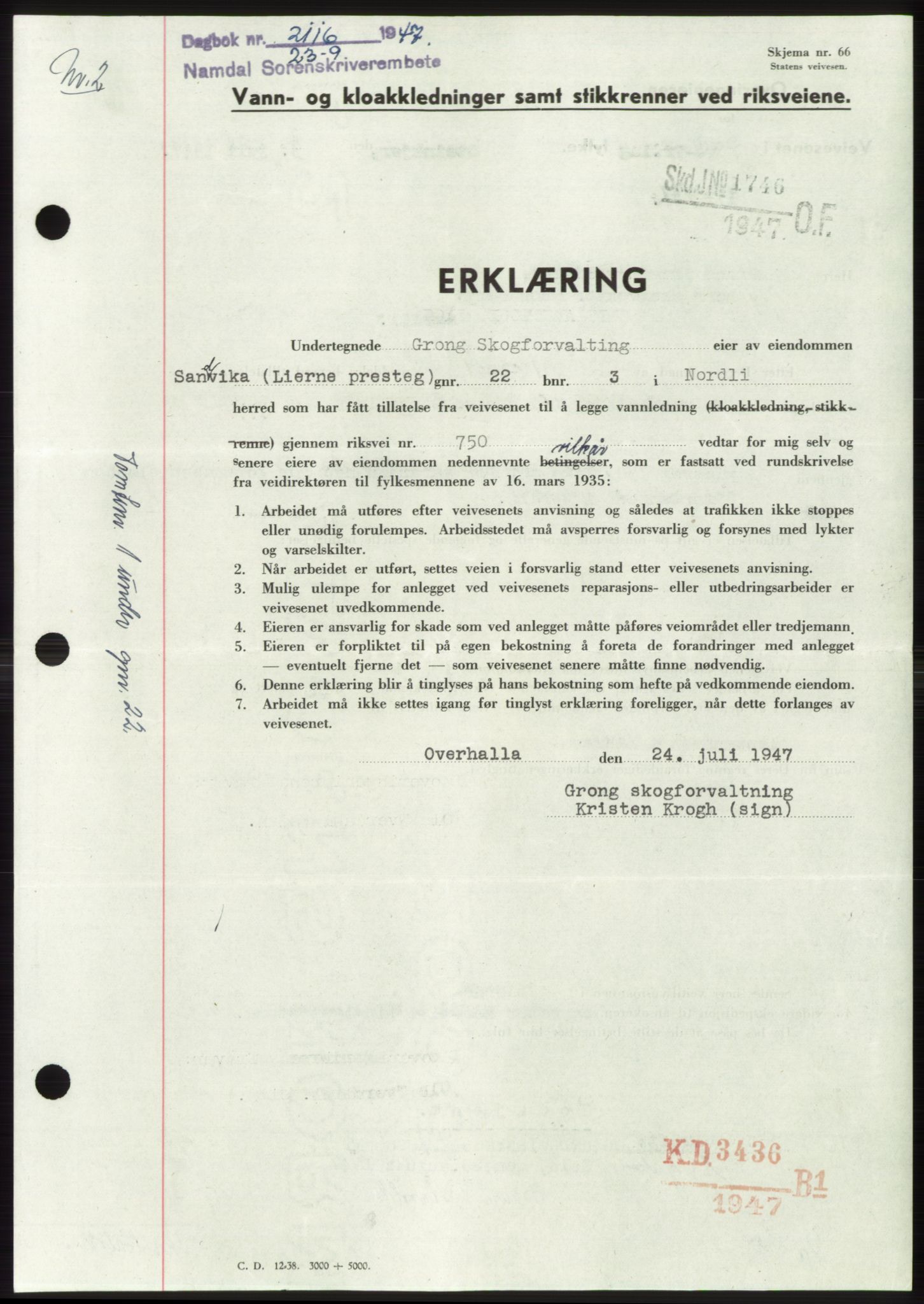 Namdal sorenskriveri, SAT/A-4133/1/2/2C: Pantebok nr. -, 1947-1947, Dagboknr: 2116/1947