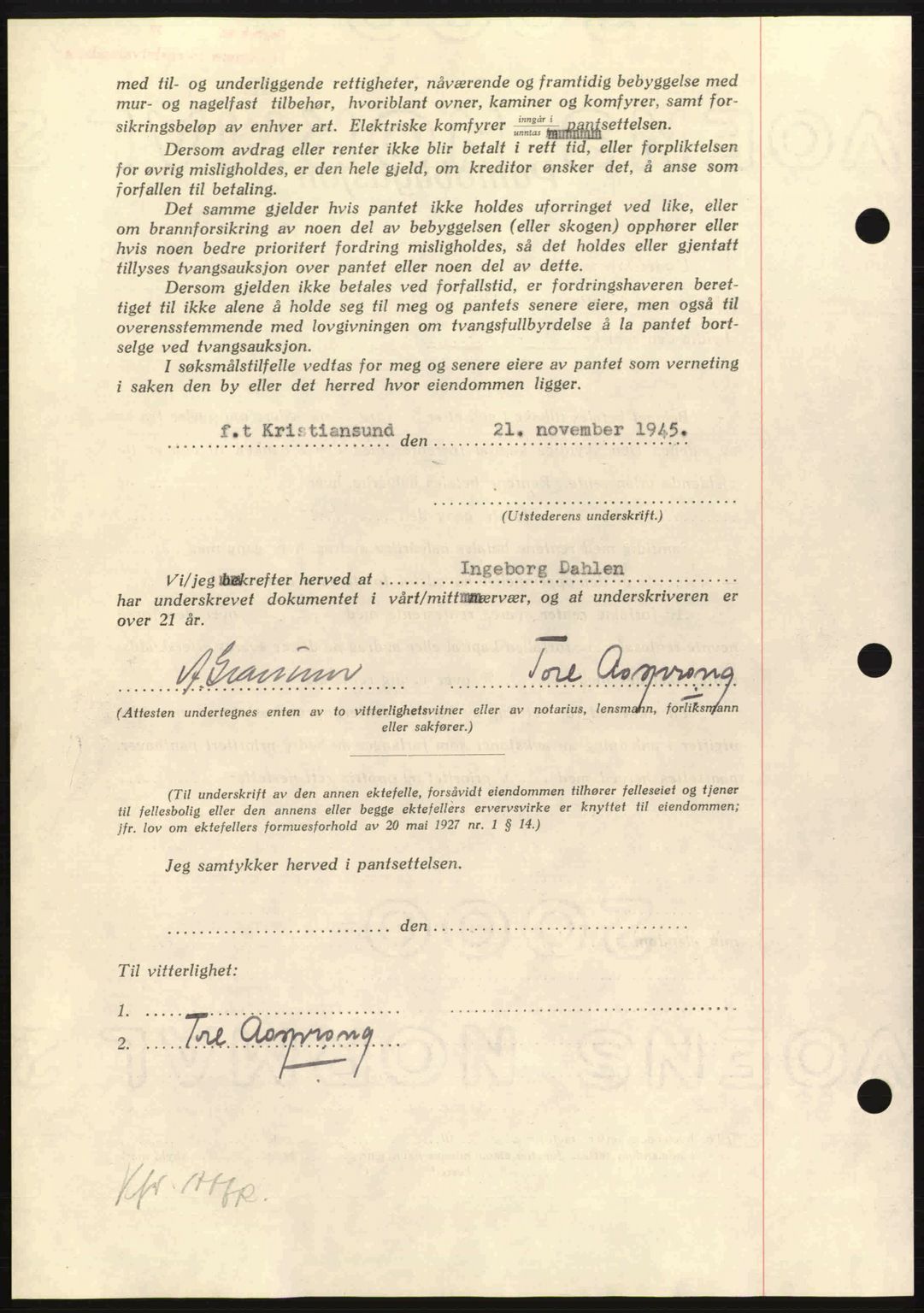 Nordmøre sorenskriveri, AV/SAT-A-4132/1/2/2Ca: Pantebok nr. B93a, 1945-1945, Dagboknr: 1510/1945