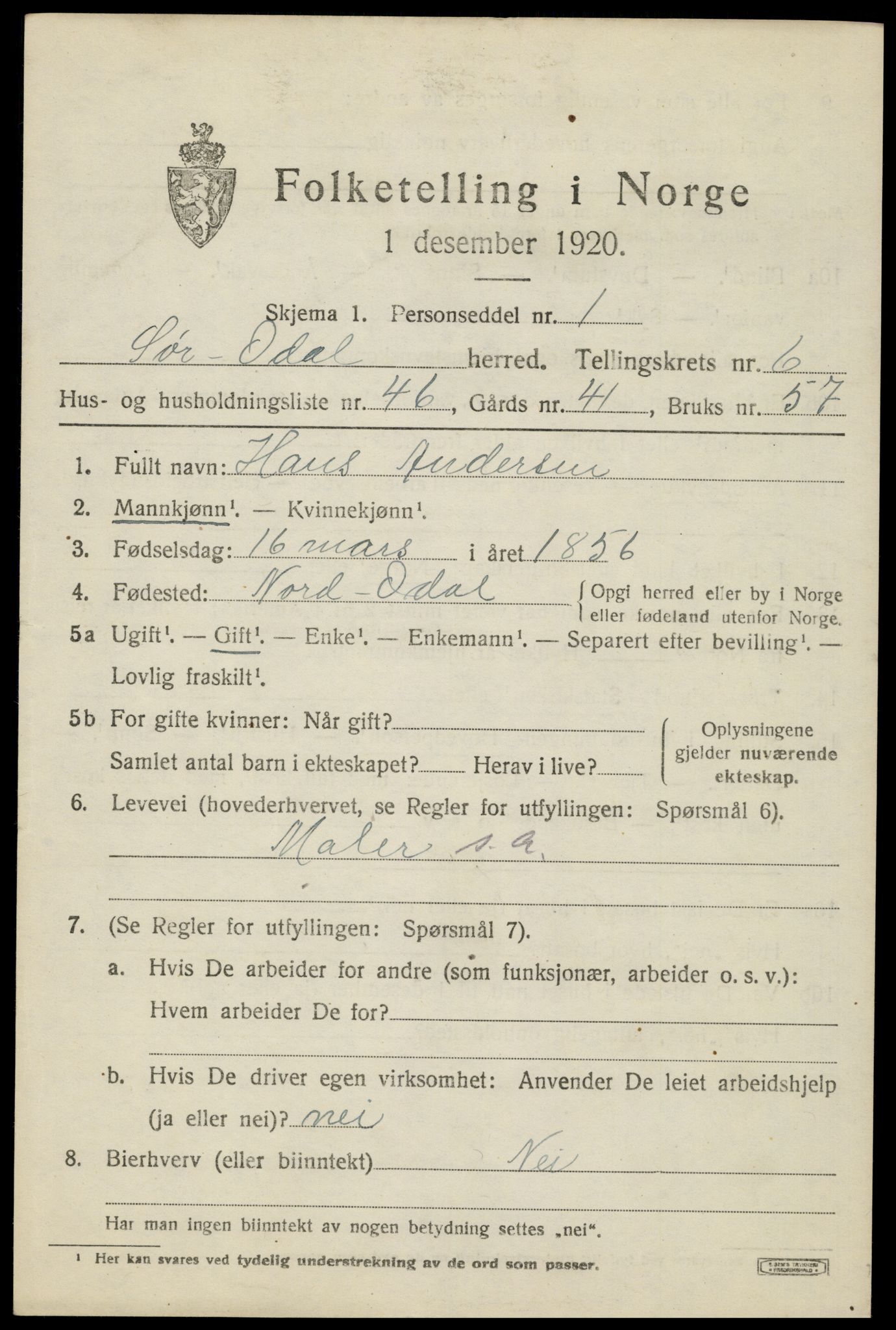 SAH, Folketelling 1920 for 0419 Sør-Odal herred, 1920, s. 7289