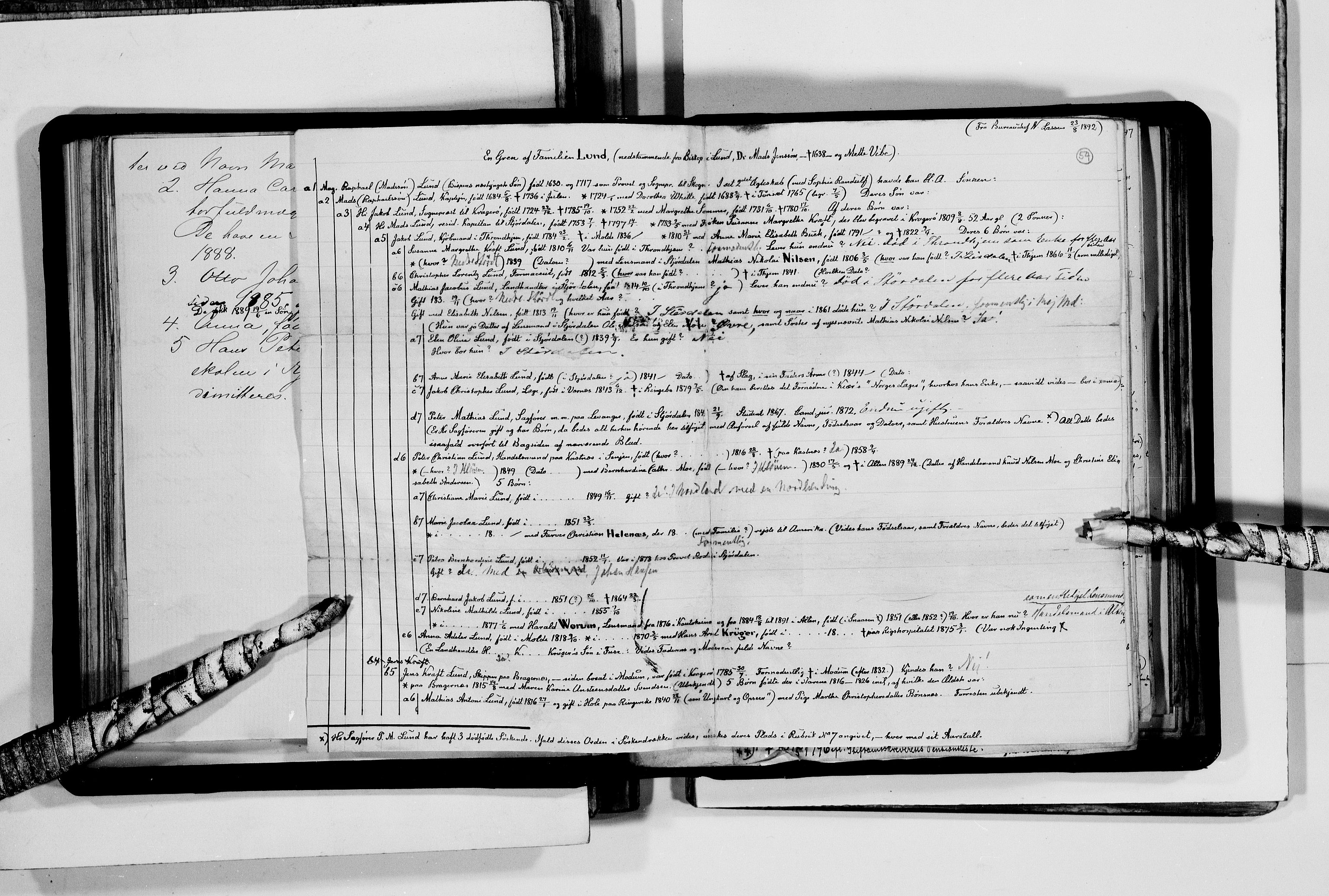 Lassens samlinger, AV/RA-PA-0051/F/Fb/L0056: Materiale benyttet til stamtavlen for familien Wibe-Lund, 1900, s. 55