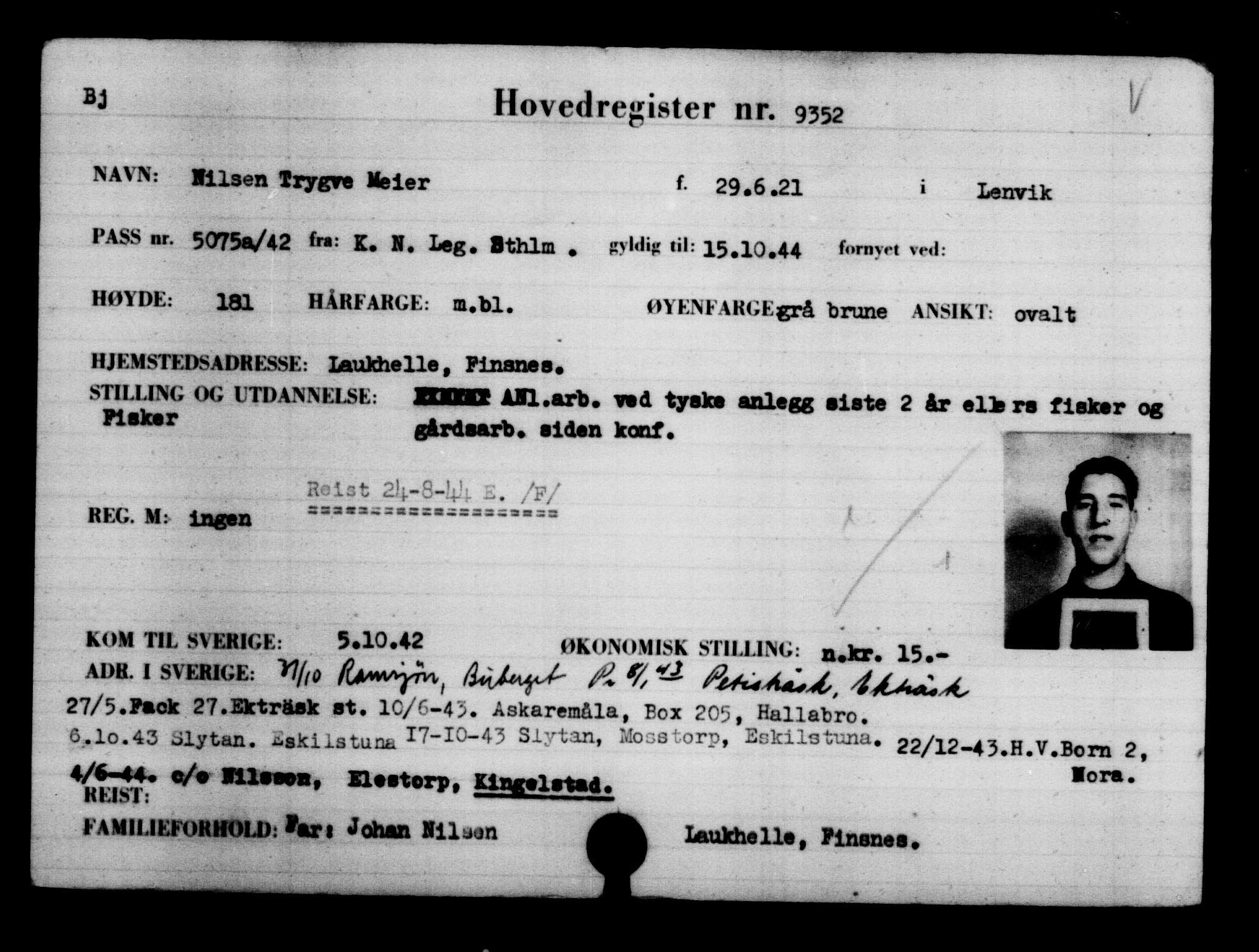 Utenriksstasjonene, Legasjonen i Stockholm, Flyktningkontoret, AV/RA-S-6753/V/Va/L0005: Kjesäterkartoteket, flyktninger med registreringsnr. 6600-9417, 1940-1945, s. 3246