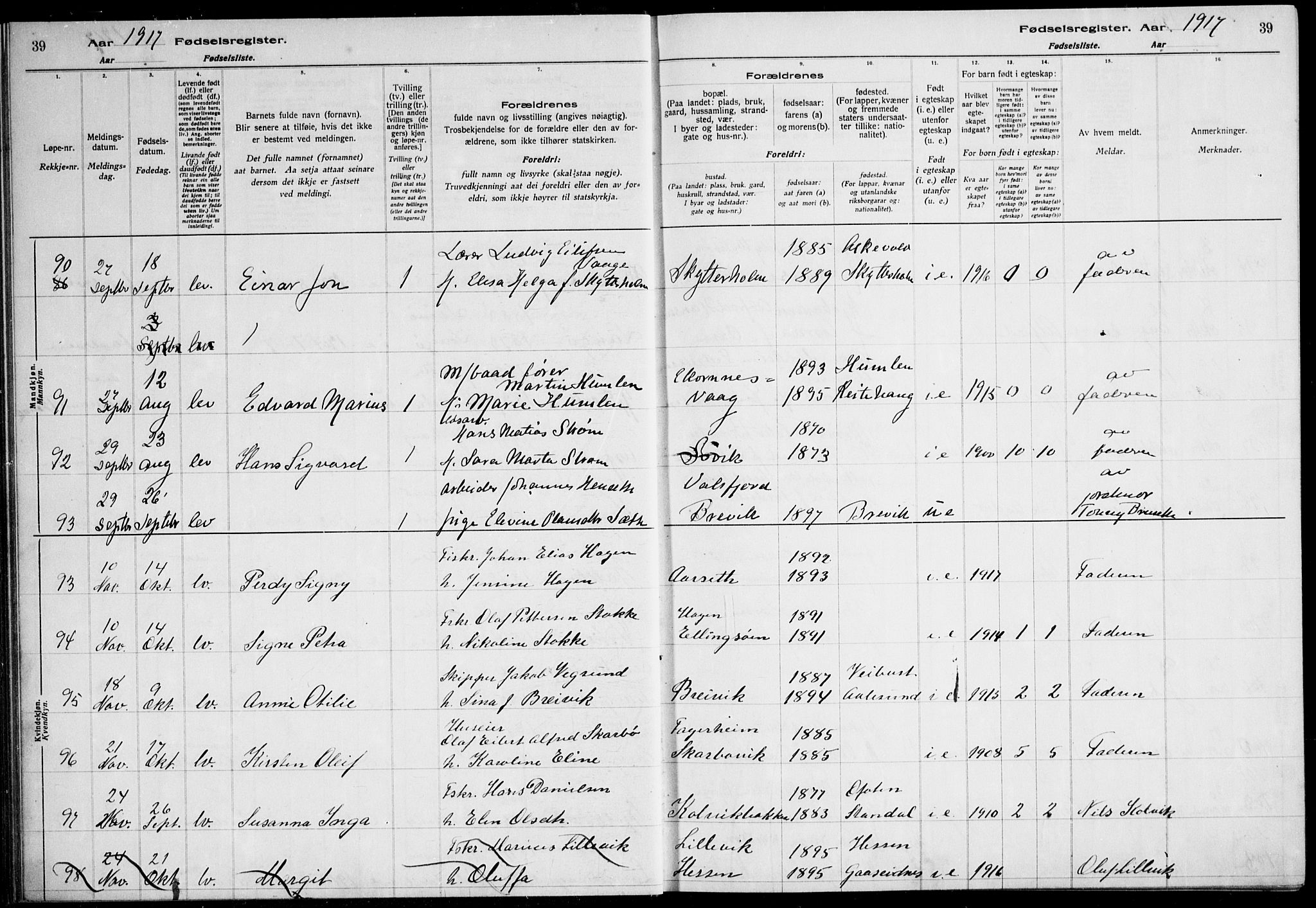 Ministerialprotokoller, klokkerbøker og fødselsregistre - Møre og Romsdal, SAT/A-1454/528/L0442: Fødselsregister nr. 528.II.4.1, 1916-1924, s. 39
