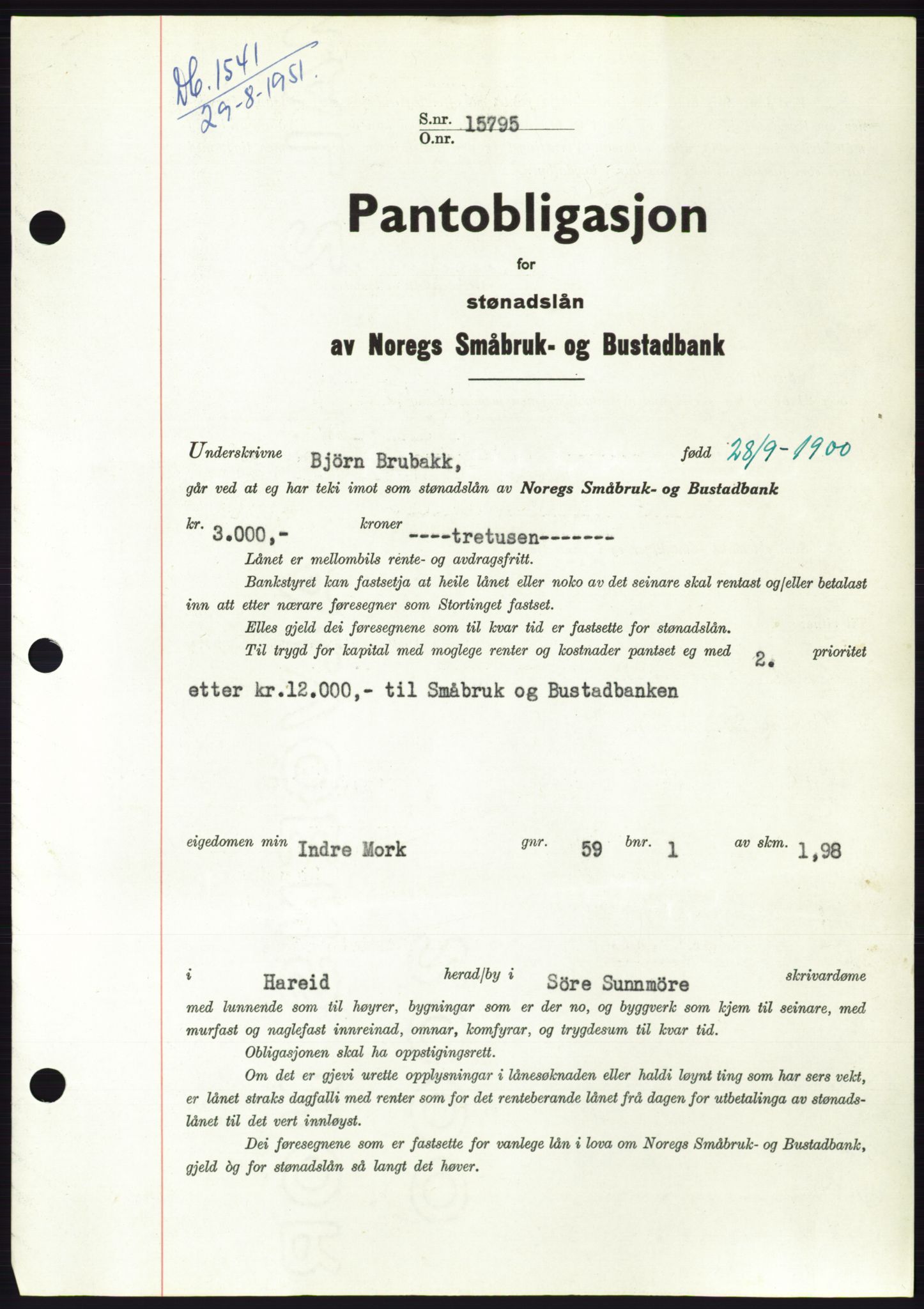Søre Sunnmøre sorenskriveri, SAT/A-4122/1/2/2C/L0120: Pantebok nr. 8B, 1951-1951, Dagboknr: 1541/1951