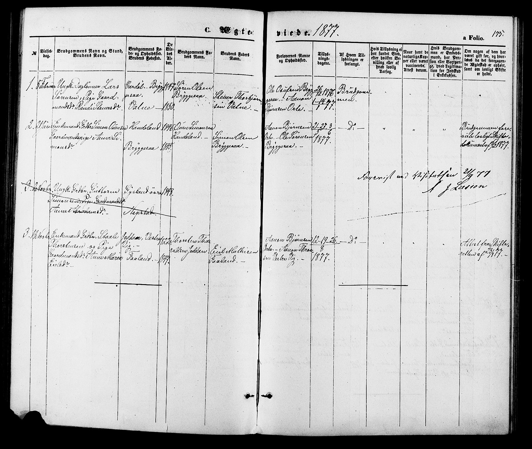 Hægebostad sokneprestkontor, SAK/1111-0024/F/Fa/Fab/L0003: Ministerialbok nr. A 3, 1872-1886, s. 175