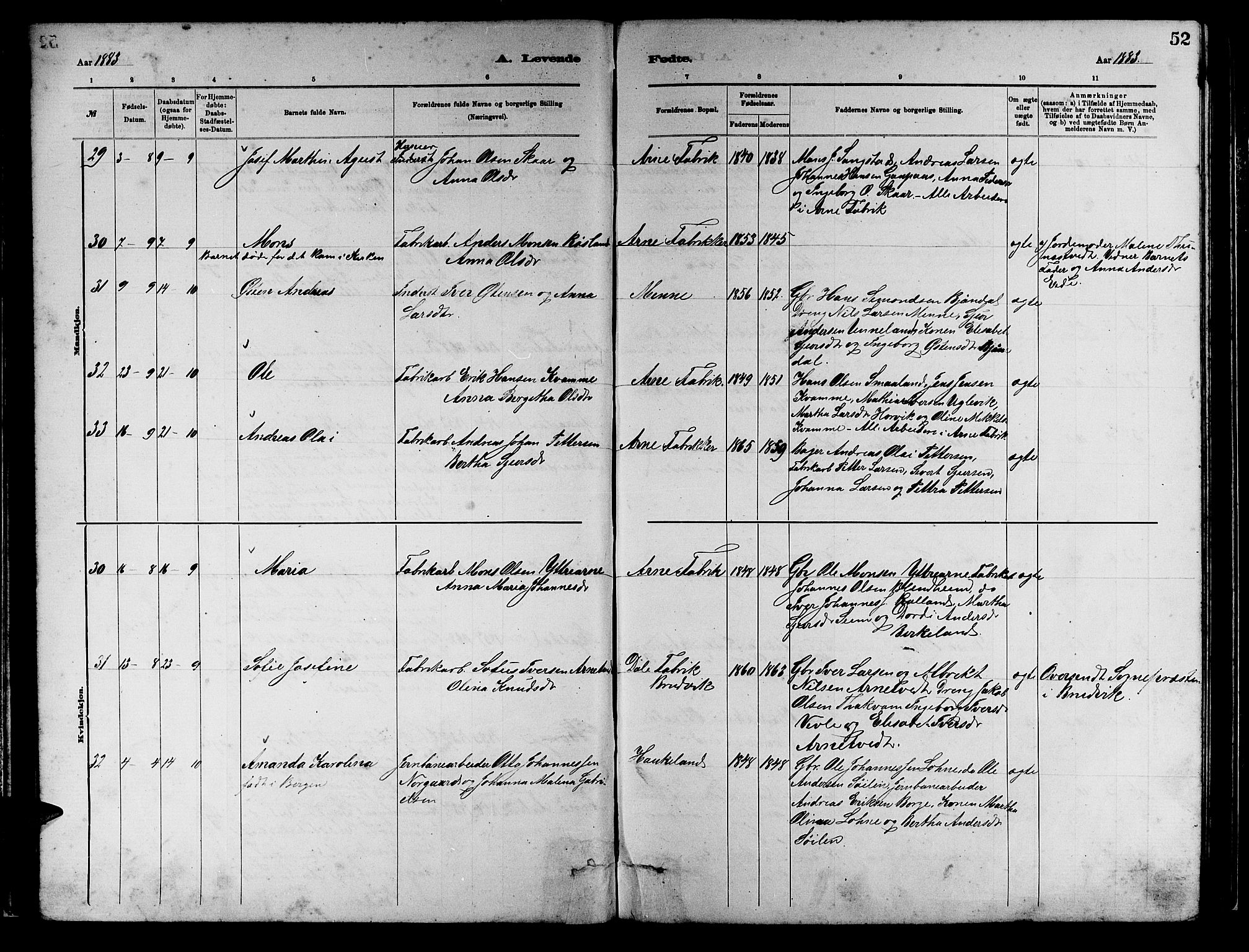 Arna sokneprestembete, AV/SAB-A-74001/H/Ha/Hab: Klokkerbok nr. A 2, 1878-1887, s. 52