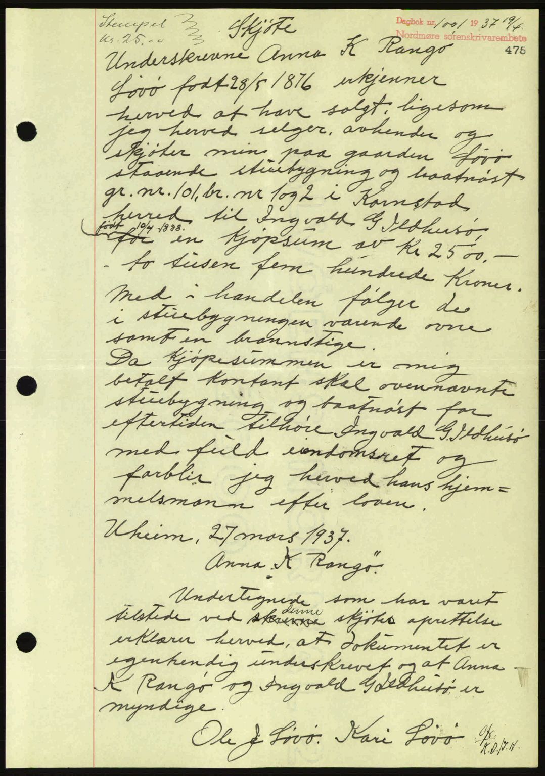 Nordmøre sorenskriveri, SAT/A-4132/1/2/2Ca: Pantebok nr. A81, 1937-1937, Dagboknr: 1001/1937