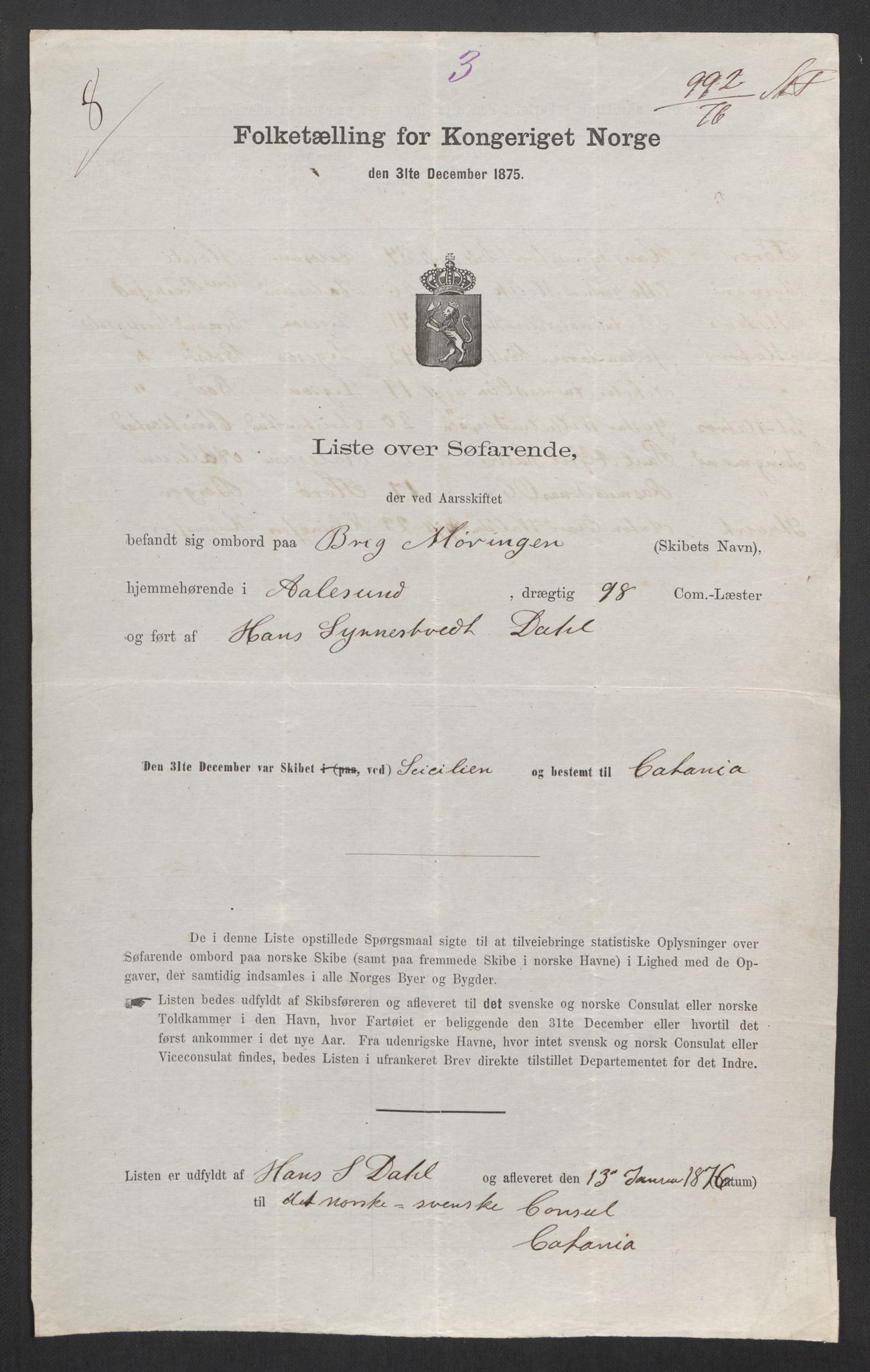 RA, Folketelling 1875, skipslister: Skip i utenrikske havner, hjemmehørende i 1) byer og ladesteder, Grimstad - Tromsø, 2) landdistrikter, 1875, s. 1012