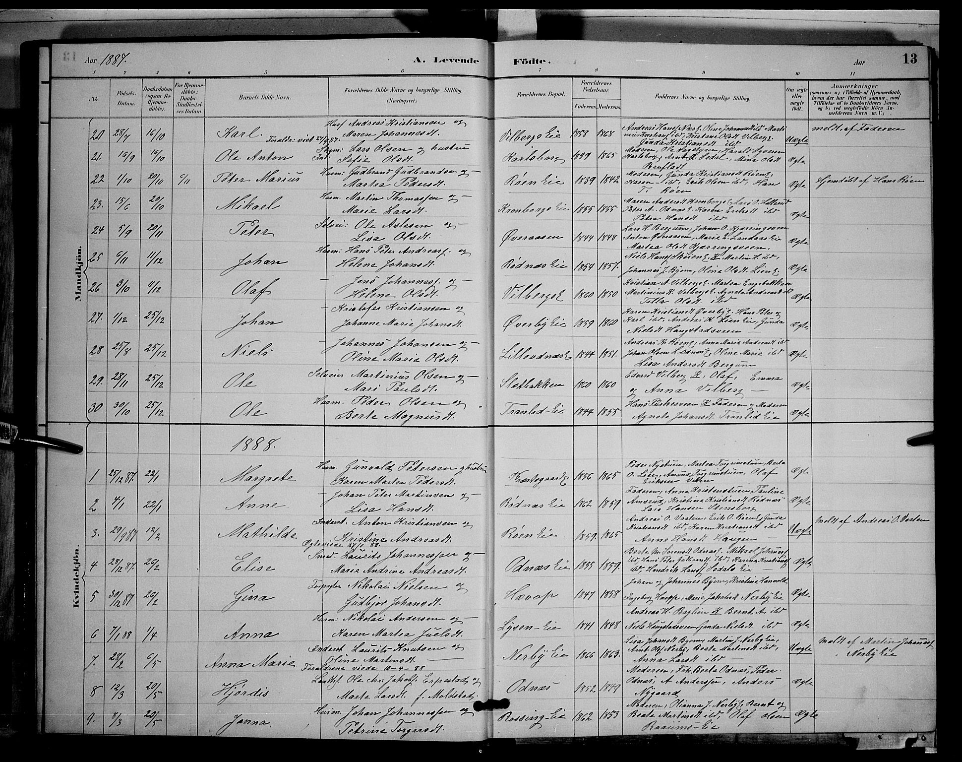 Søndre Land prestekontor, AV/SAH-PREST-122/L/L0003: Klokkerbok nr. 3, 1884-1902, s. 13