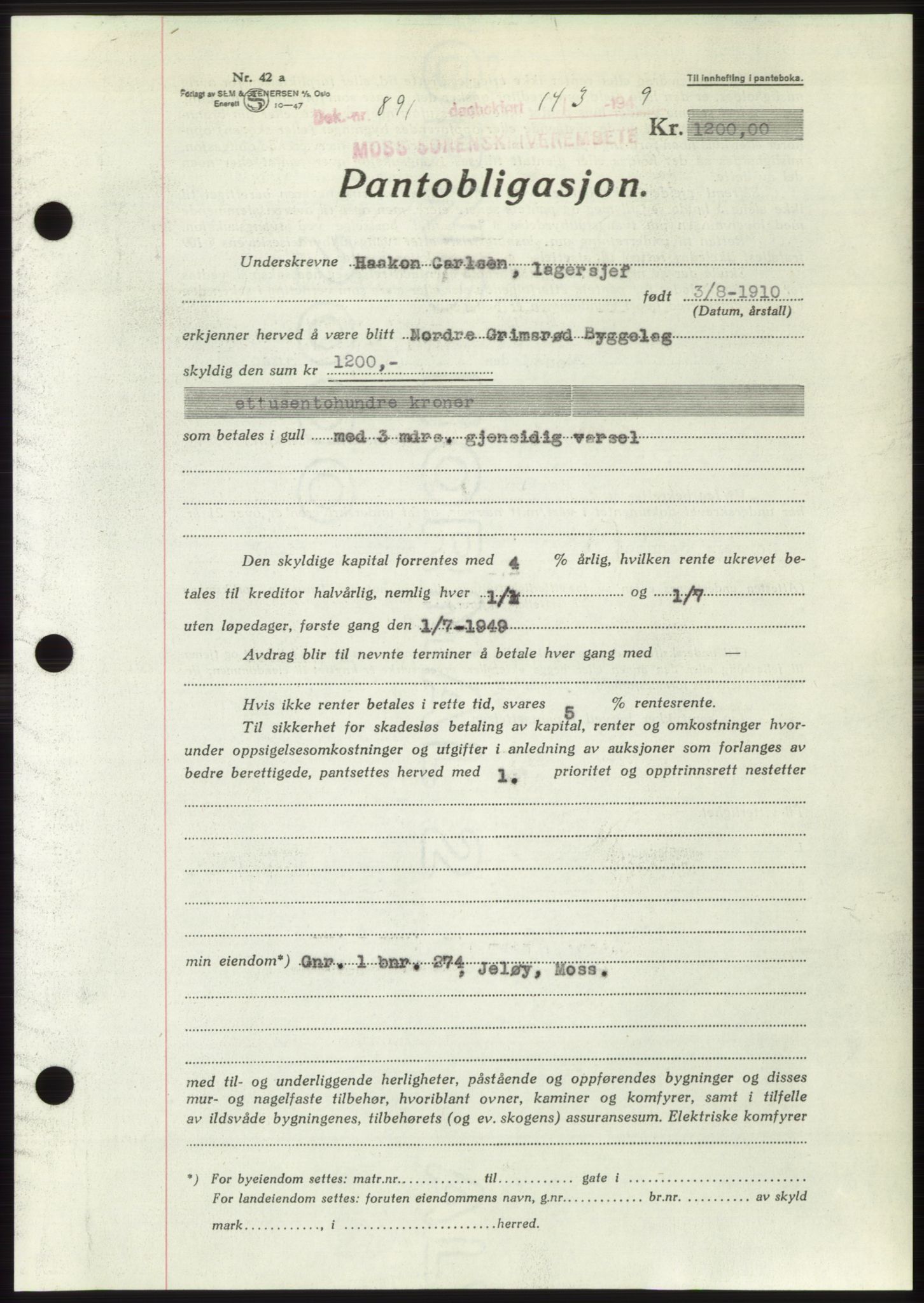 Moss sorenskriveri, SAO/A-10168: Pantebok nr. B21, 1949-1949, Dagboknr: 891/1949