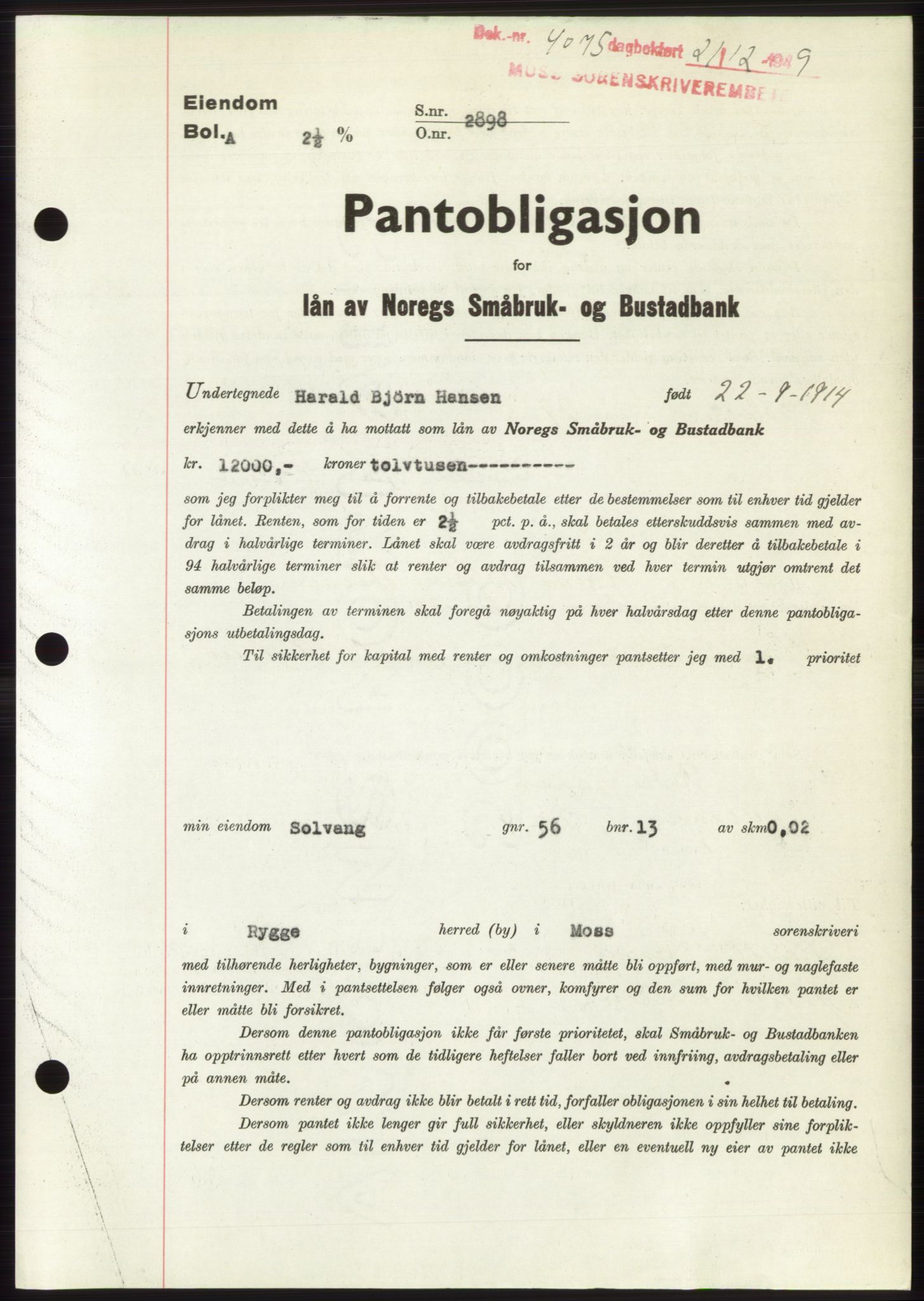 Moss sorenskriveri, SAO/A-10168: Pantebok nr. B23, 1949-1950, Dagboknr: 4075/1949