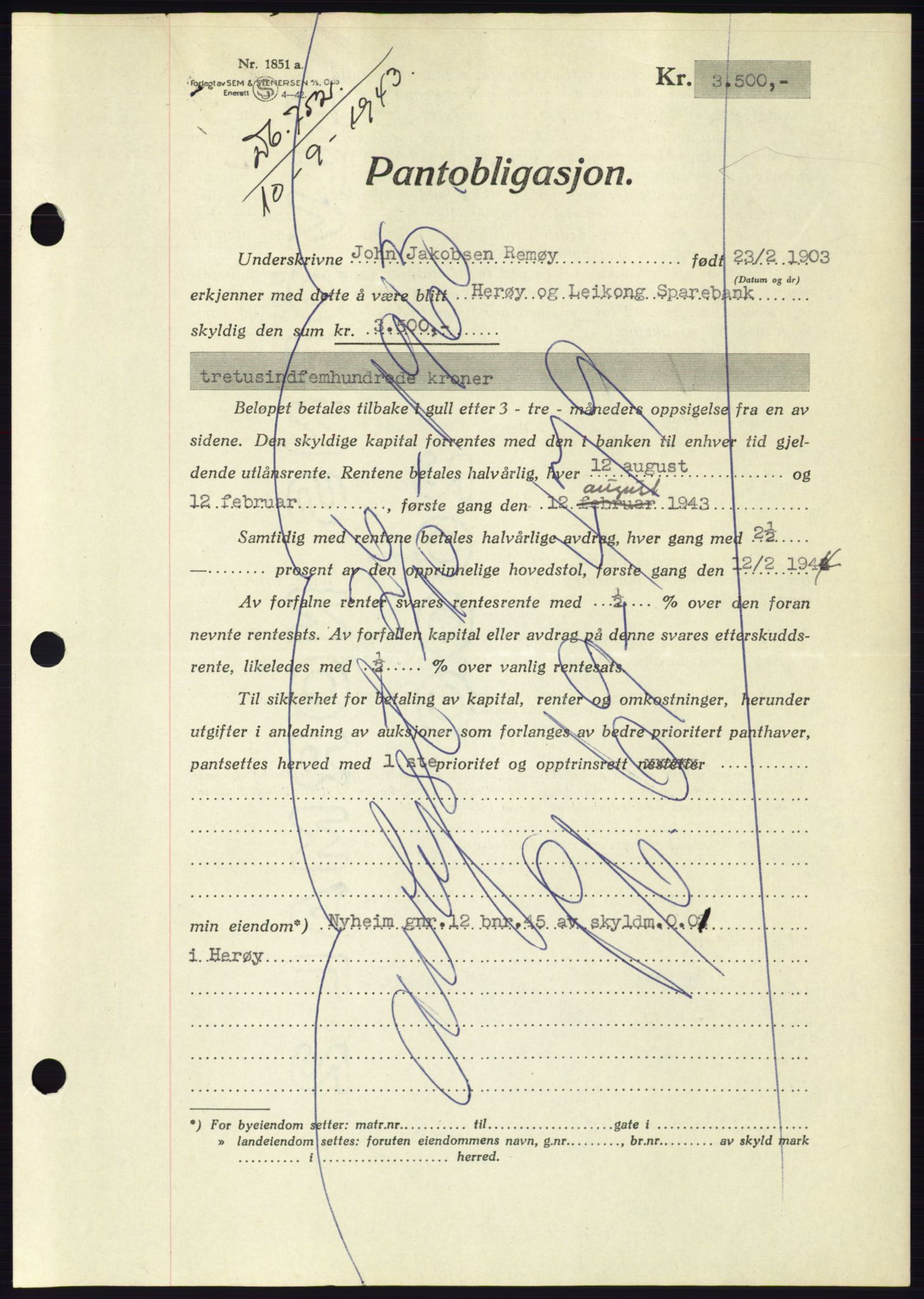 Søre Sunnmøre sorenskriveri, AV/SAT-A-4122/1/2/2C/L0114: Pantebok nr. 1-2B, 1943-1947, Dagboknr: 752/1943