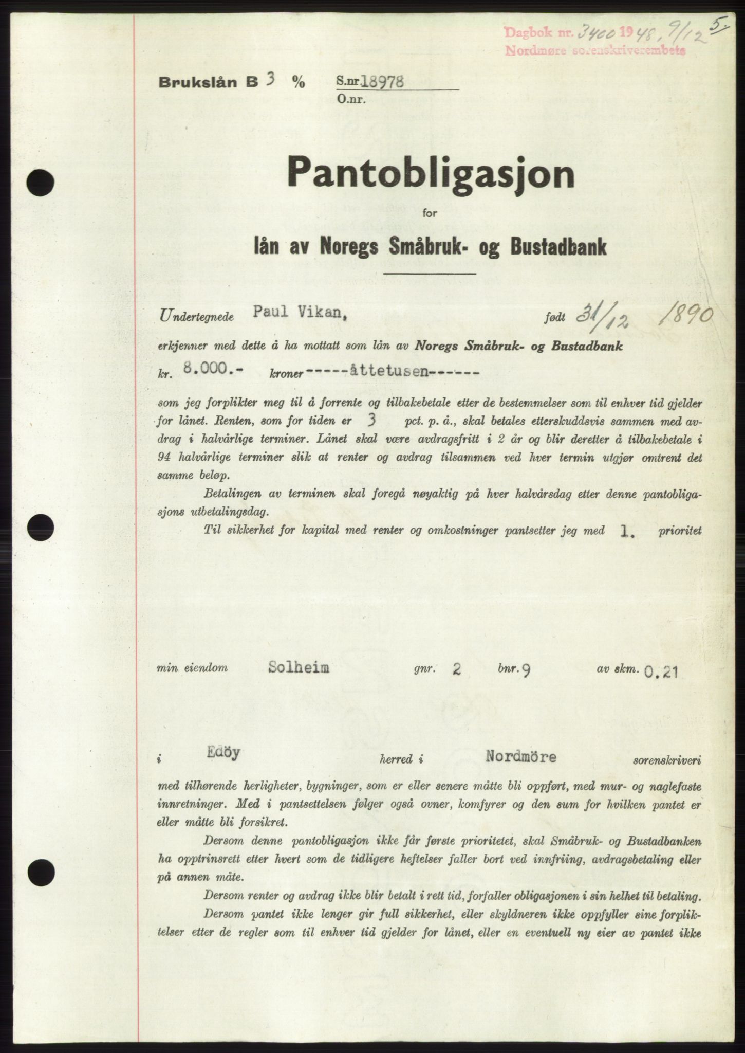 Nordmøre sorenskriveri, SAT/A-4132/1/2/2Ca: Pantebok nr. B100, 1948-1949, Dagboknr: 3400/1948