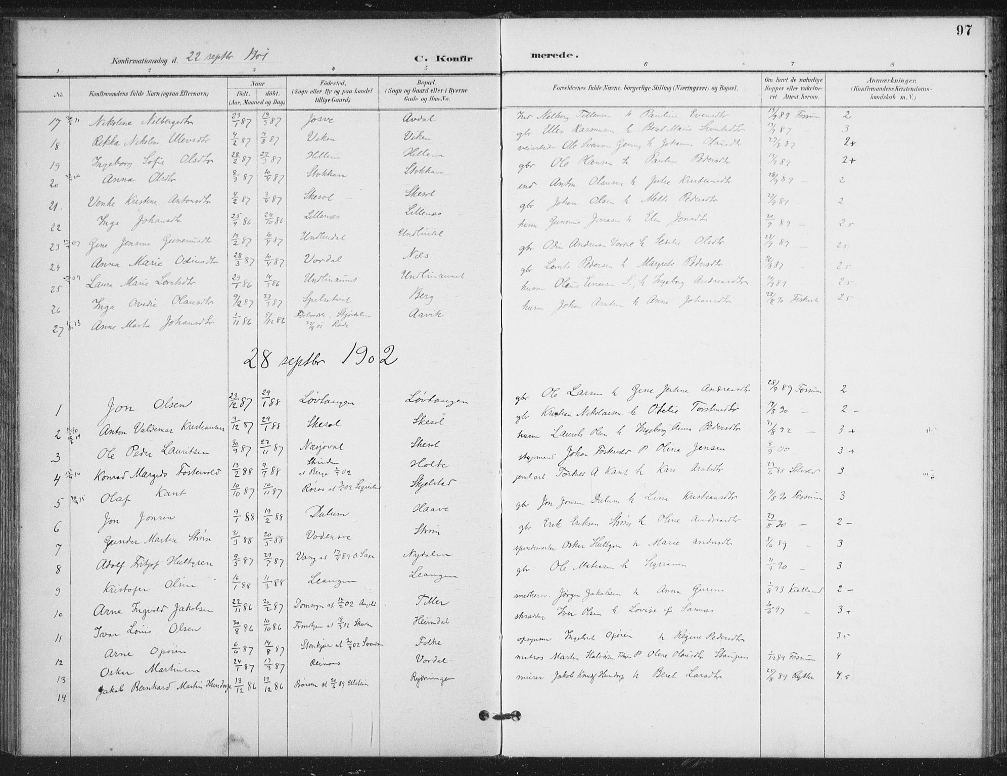 Ministerialprotokoller, klokkerbøker og fødselsregistre - Nord-Trøndelag, AV/SAT-A-1458/714/L0131: Ministerialbok nr. 714A02, 1896-1918, s. 97