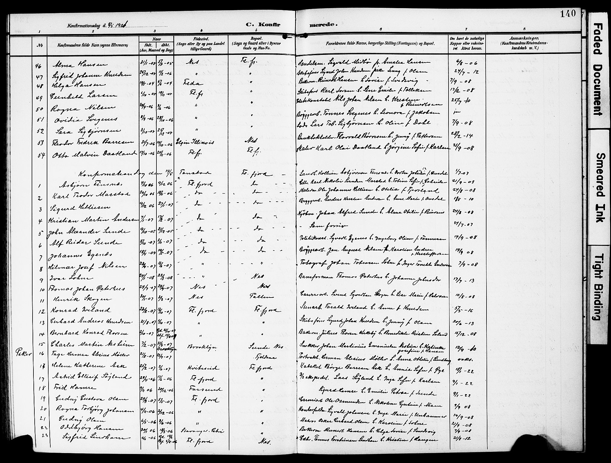 Flekkefjord sokneprestkontor, AV/SAK-1111-0012/F/Fb/Fba/L0001: Klokkerbok nr. B 1, 1903-1931, s. 140