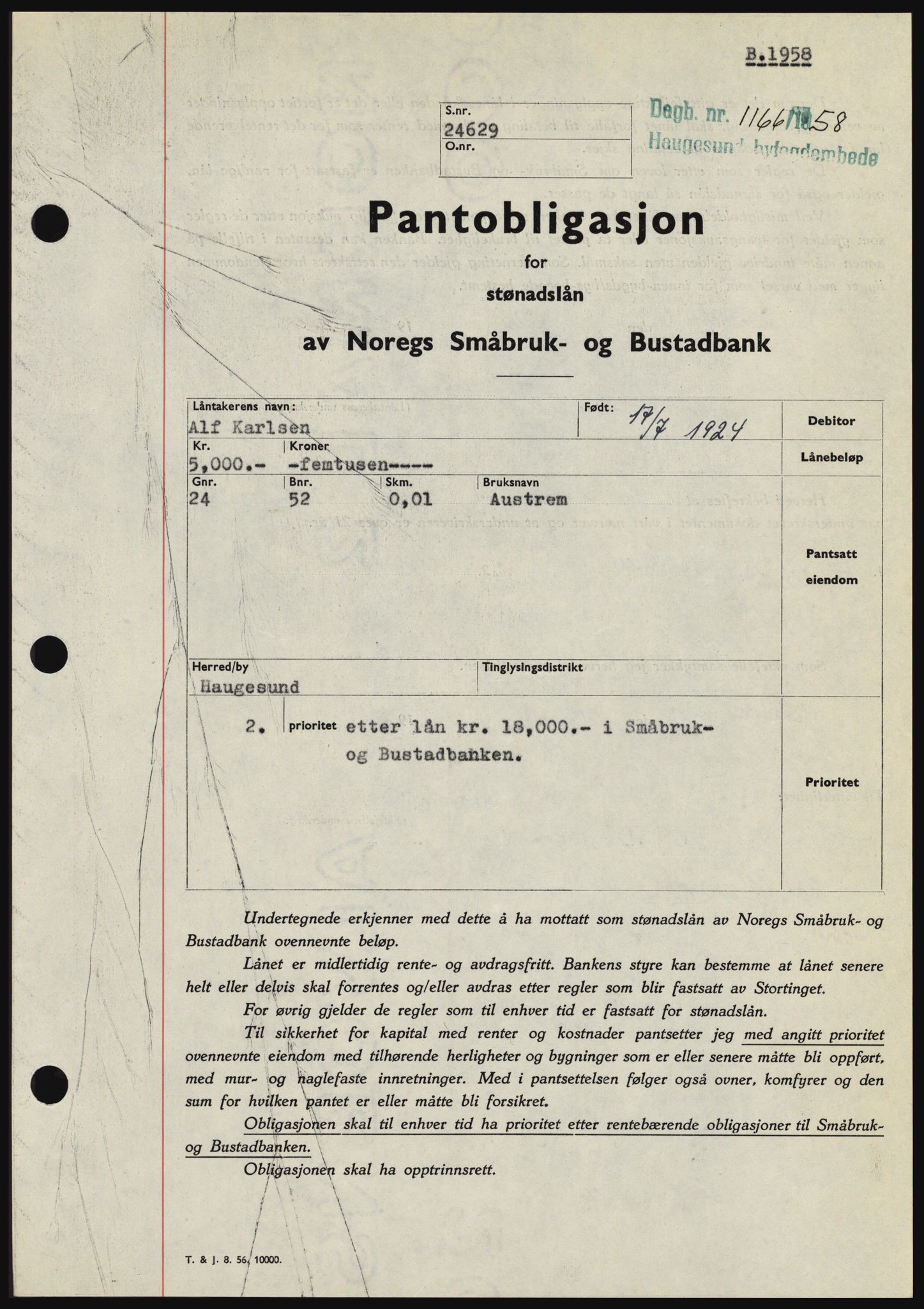 Haugesund tingrett, SAST/A-101415/01/II/IIC/L0044: Pantebok nr. B 44, 1958-1959, Dagboknr: 1166/1958