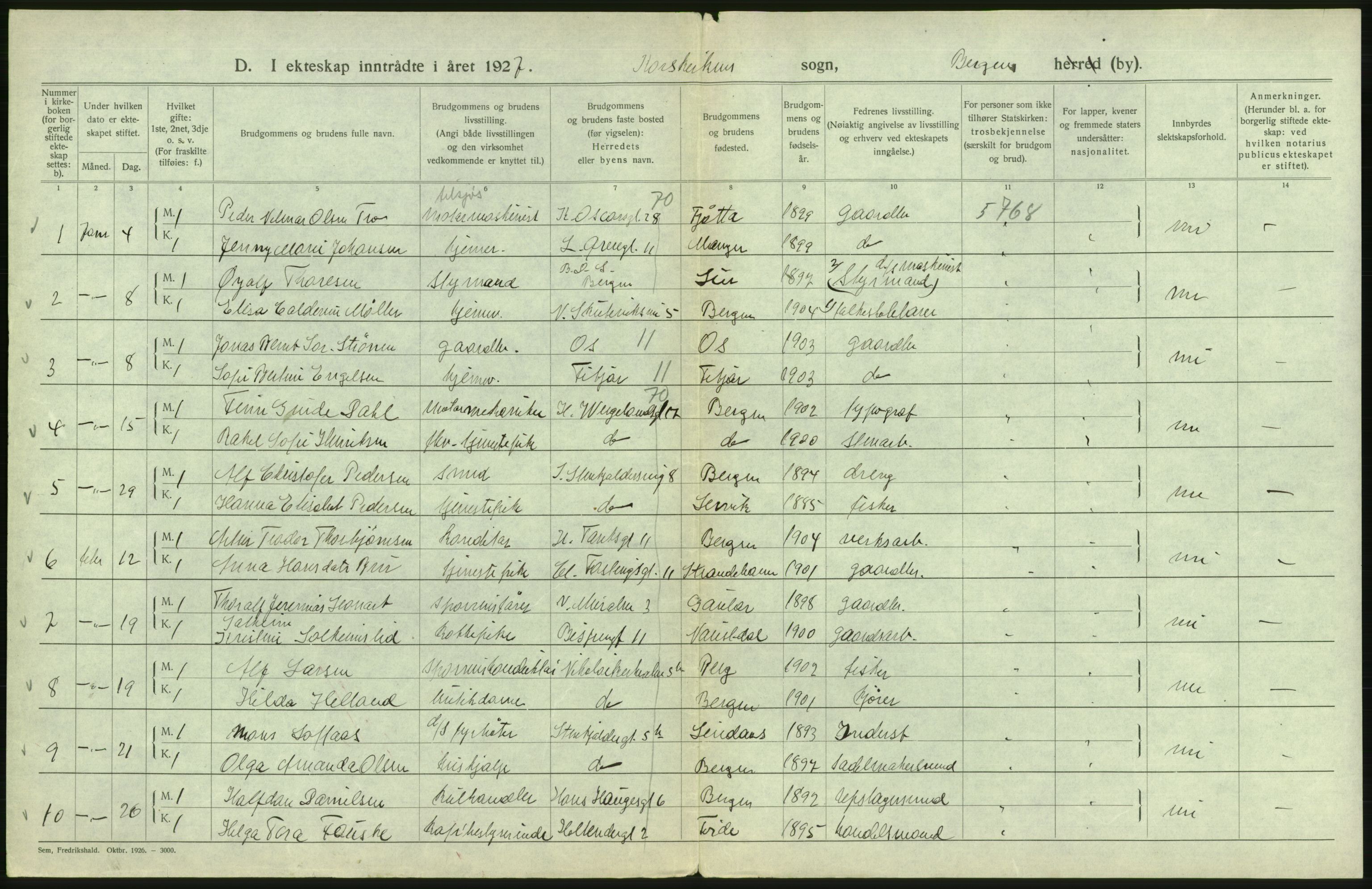 Statistisk sentralbyrå, Sosiodemografiske emner, Befolkning, RA/S-2228/D/Df/Dfc/Dfcg/L0028: Bergen: Gifte, døde., 1927, s. 40