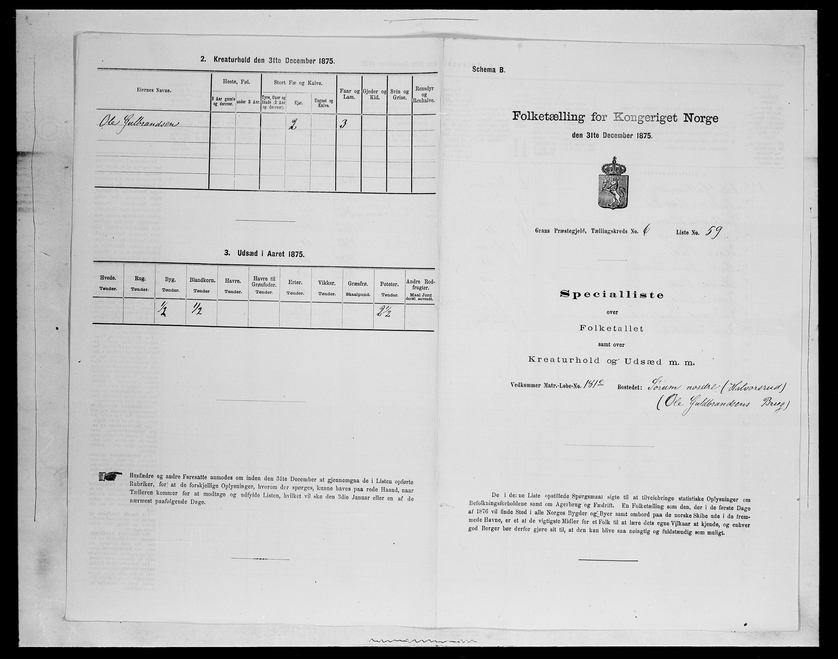 SAH, Folketelling 1875 for 0534P Gran prestegjeld, 1875, s. 1137
