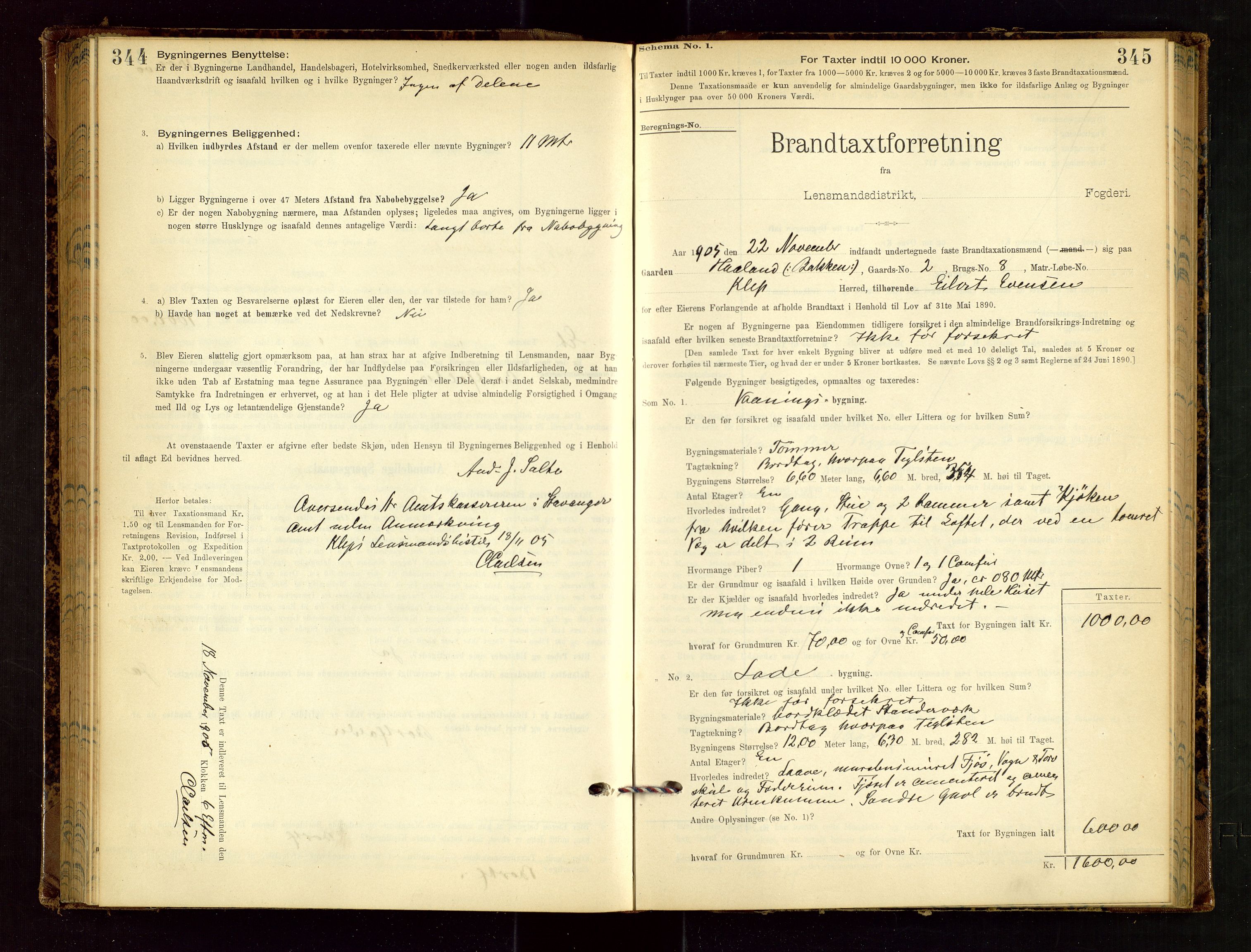 Klepp lensmannskontor, SAST/A-100163/Goc/L0002: "Brandtaxationsprotokol" m/register, 1898-1902, s. 344-345