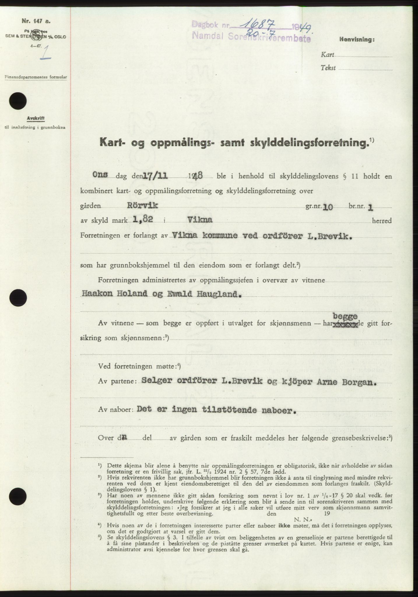 Namdal sorenskriveri, SAT/A-4133/1/2/2C: Pantebok nr. -, 1949-1949, Dagboknr: 1687/1949