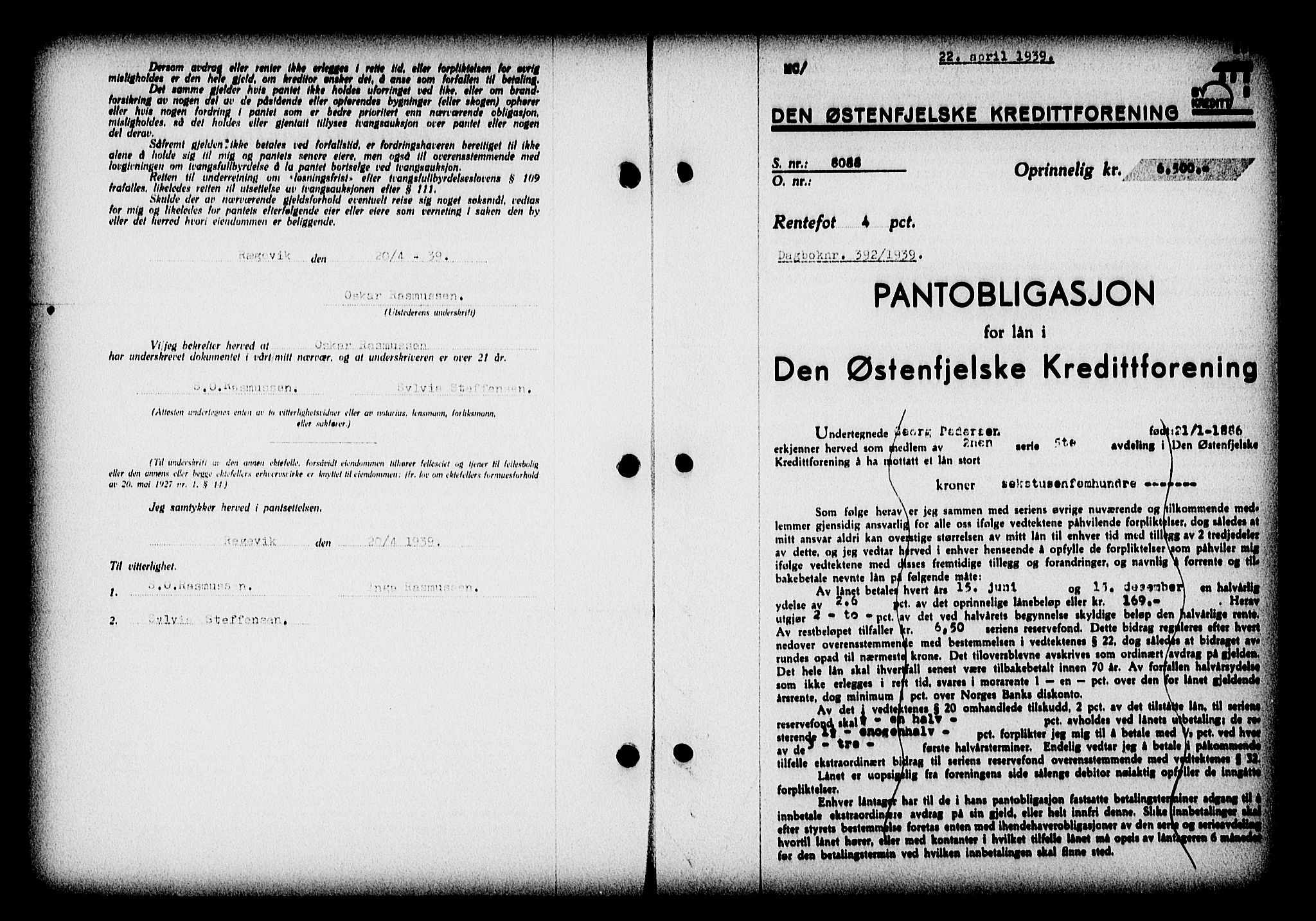 Nedenes sorenskriveri, AV/SAK-1221-0006/G/Gb/Gba/L0046: Pantebok nr. 42, 1938-1939, Dagboknr: 392/1939