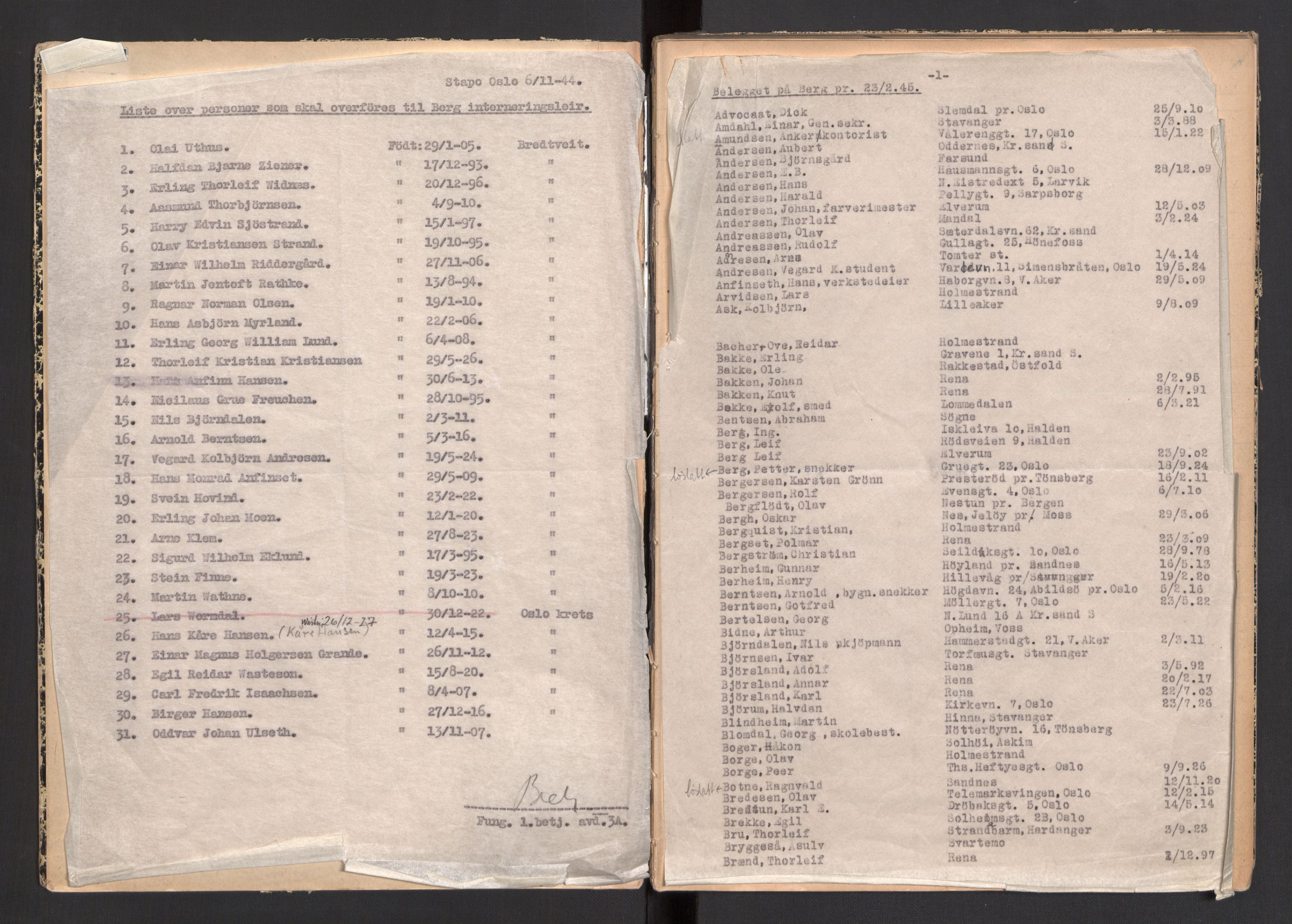 Berg interneringsleir, AV/SAKO-A-753/G/Ga/L0001: Fangefortegnelse, 1942-1945