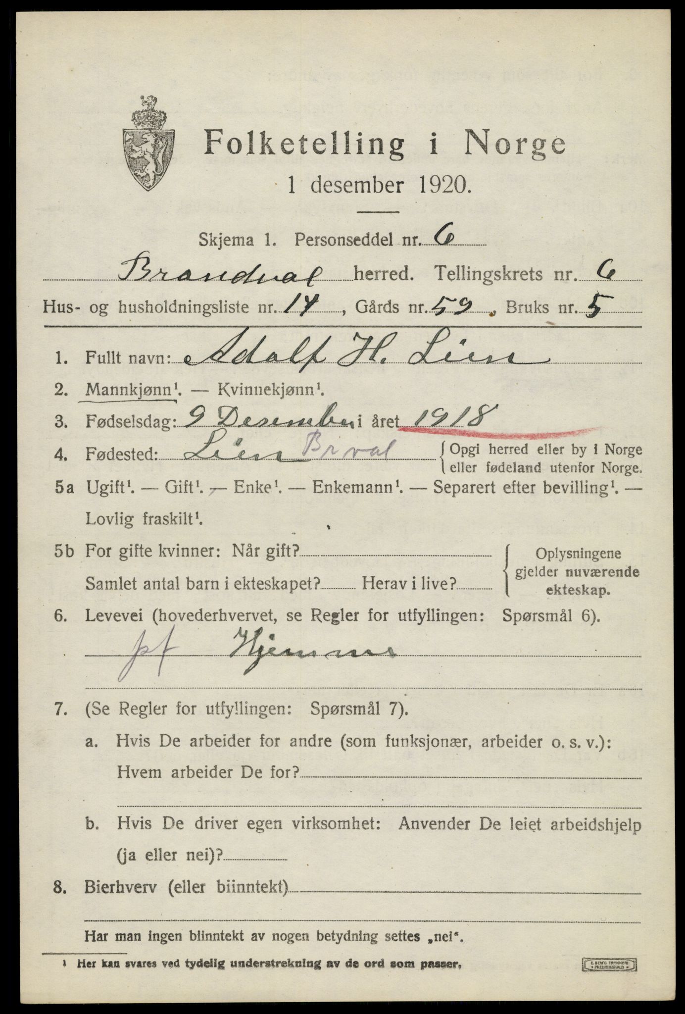 SAH, Folketelling 1920 for 0422 Brandval herred, 1920, s. 5420