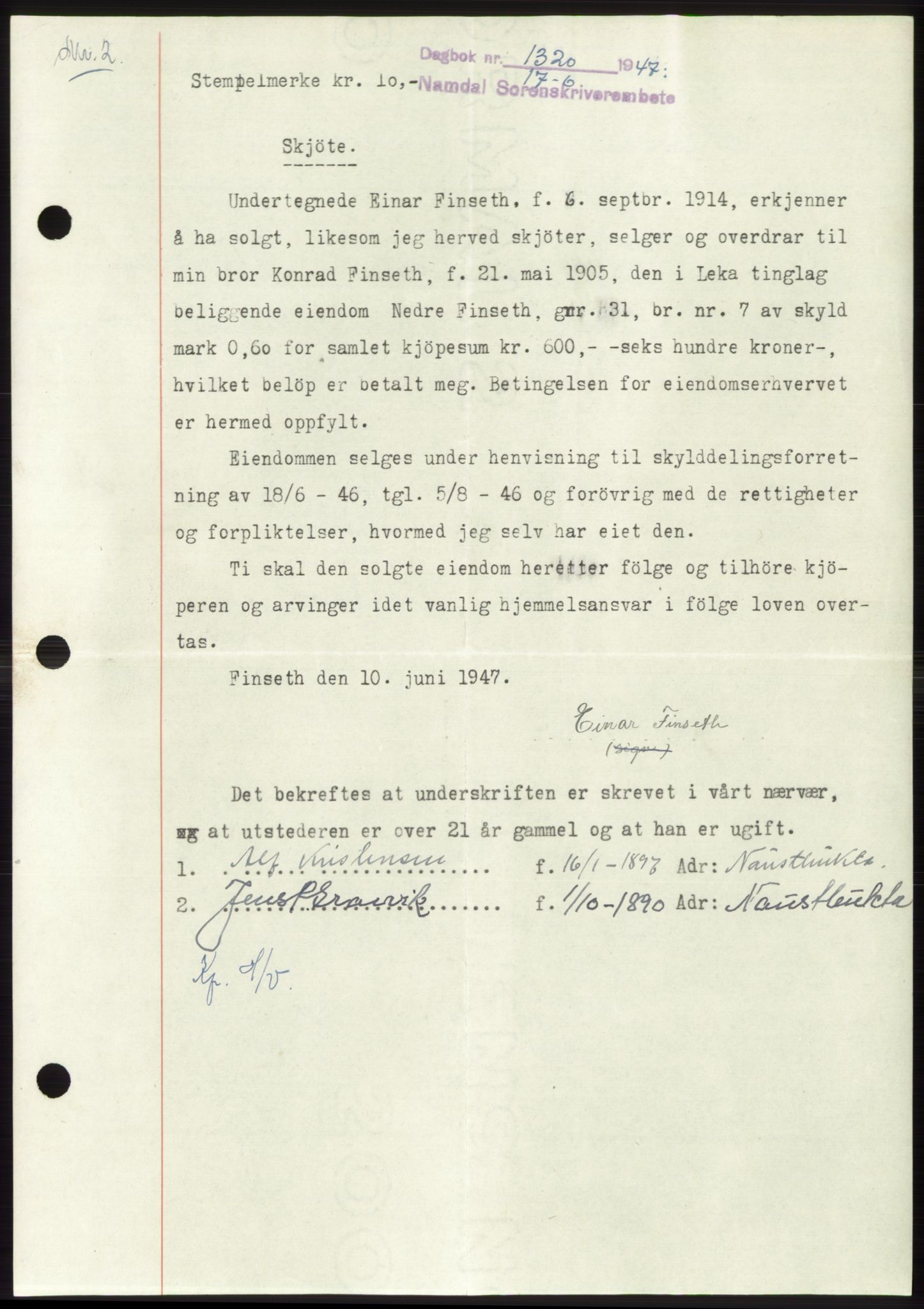 Namdal sorenskriveri, SAT/A-4133/1/2/2C: Pantebok nr. -, 1947-1947, Dagboknr: 1320/1947