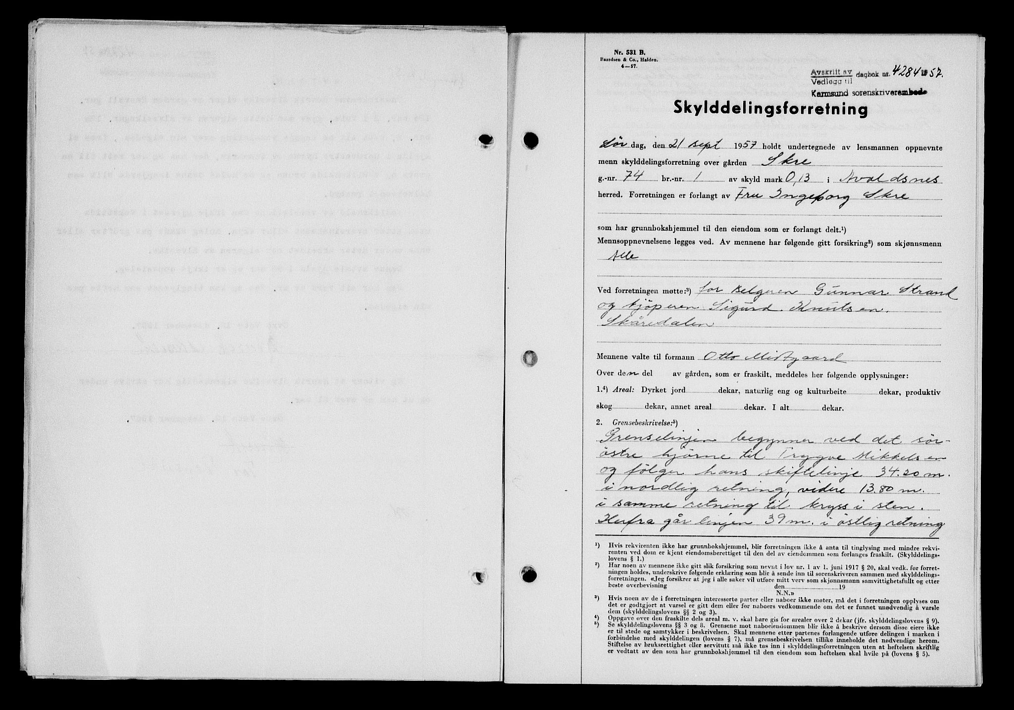 Karmsund sorenskriveri, SAST/A-100311/01/II/IIB/L0127: Pantebok nr. 107A, 1957-1958, Dagboknr: 4284/1957