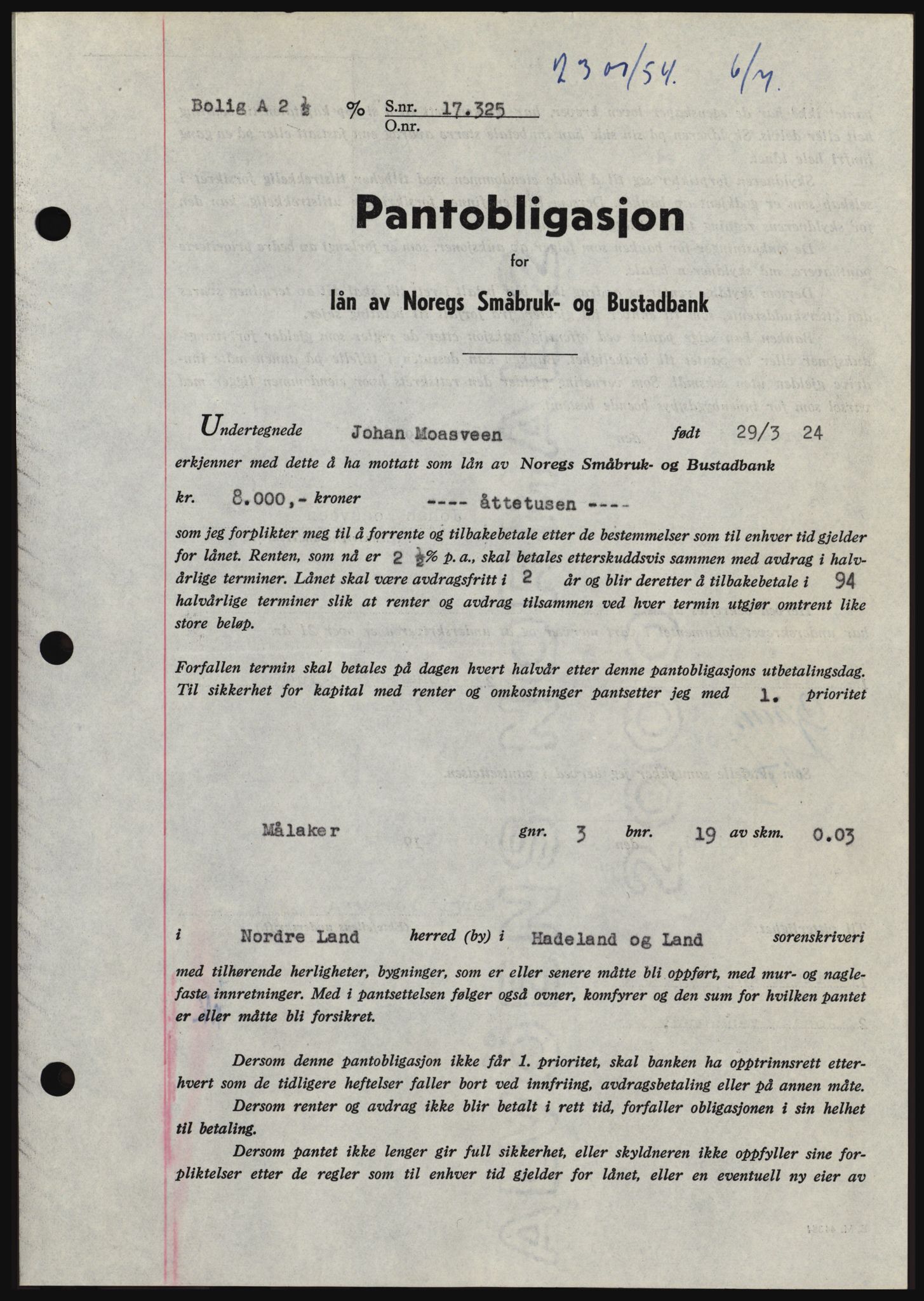 Hadeland og Land tingrett, SAH/TING-010/H/Hb/Hbc/L0030: Pantebok nr. B30, 1954-1954, Dagboknr: 2300/1954