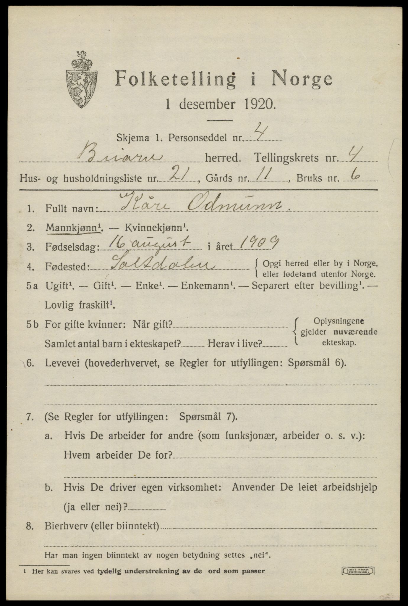 SAT, Folketelling 1920 for 1839 Beiarn herred, 1920, s. 1924