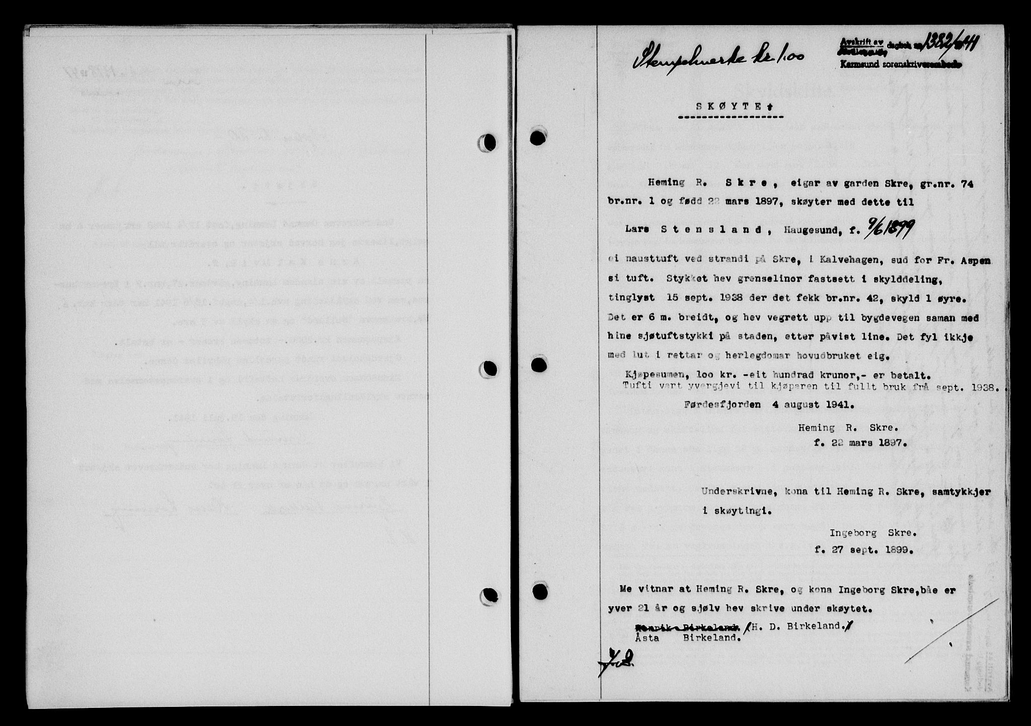 Karmsund sorenskriveri, SAST/A-100311/01/II/IIB/L0075: Pantebok nr. 56A, 1941-1941, Dagboknr: 1382/1941